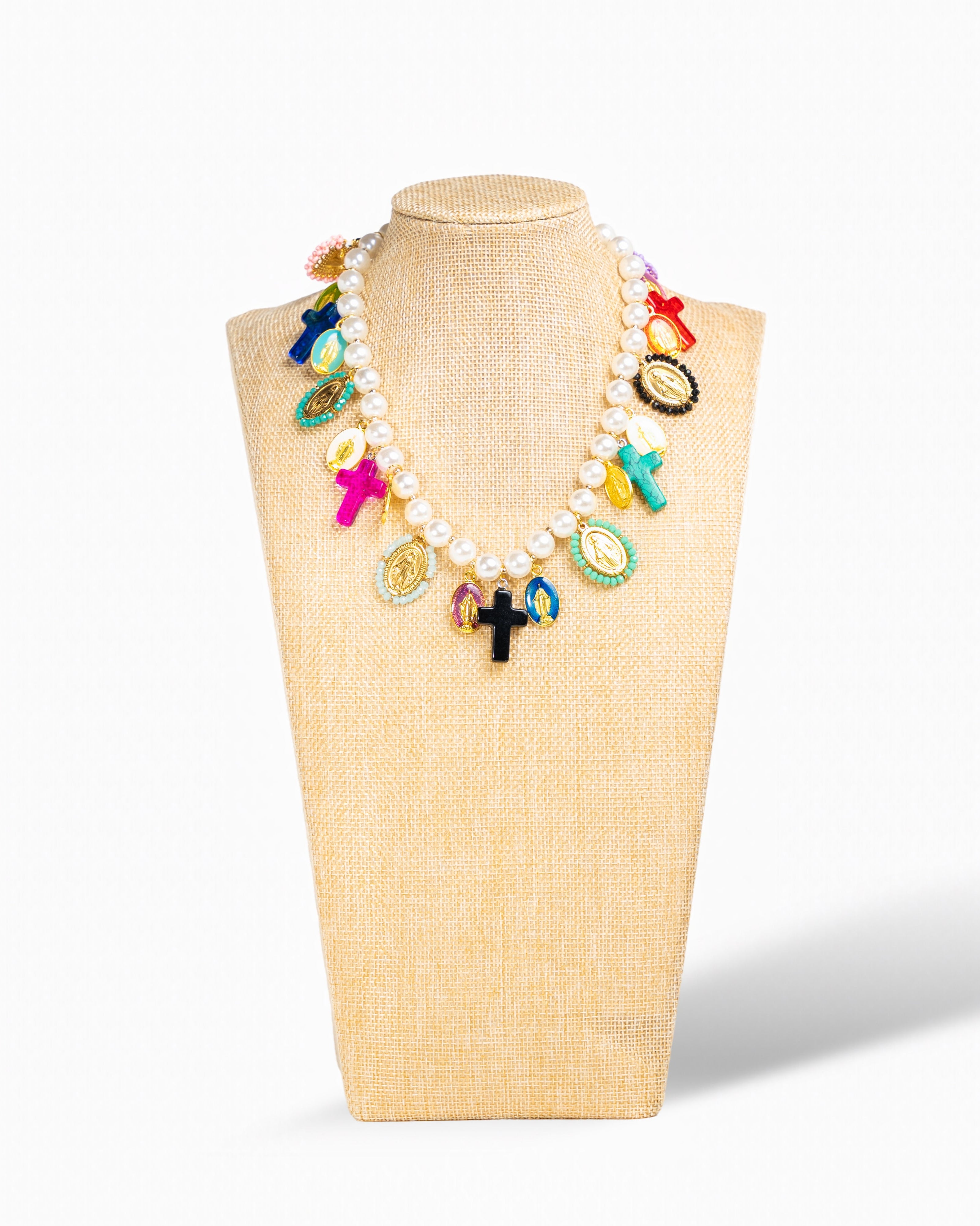 Pearl Charm Necklace with Colorful Crosses & Medals