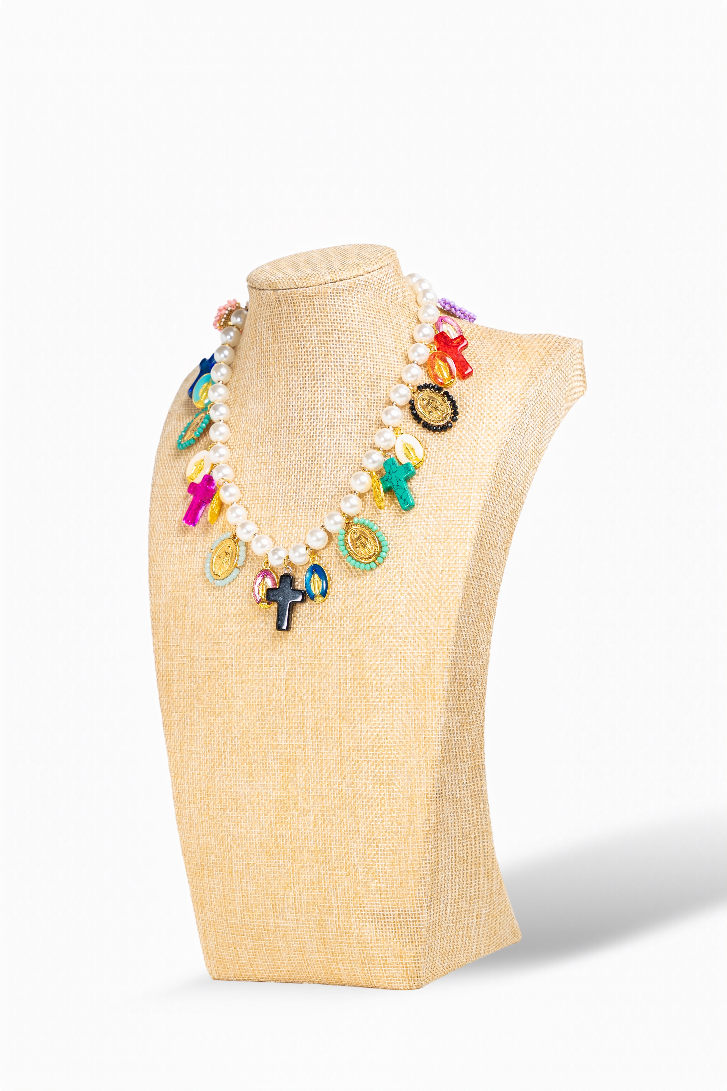 Pearl Charm Necklace with Colorful Crosses & Medals