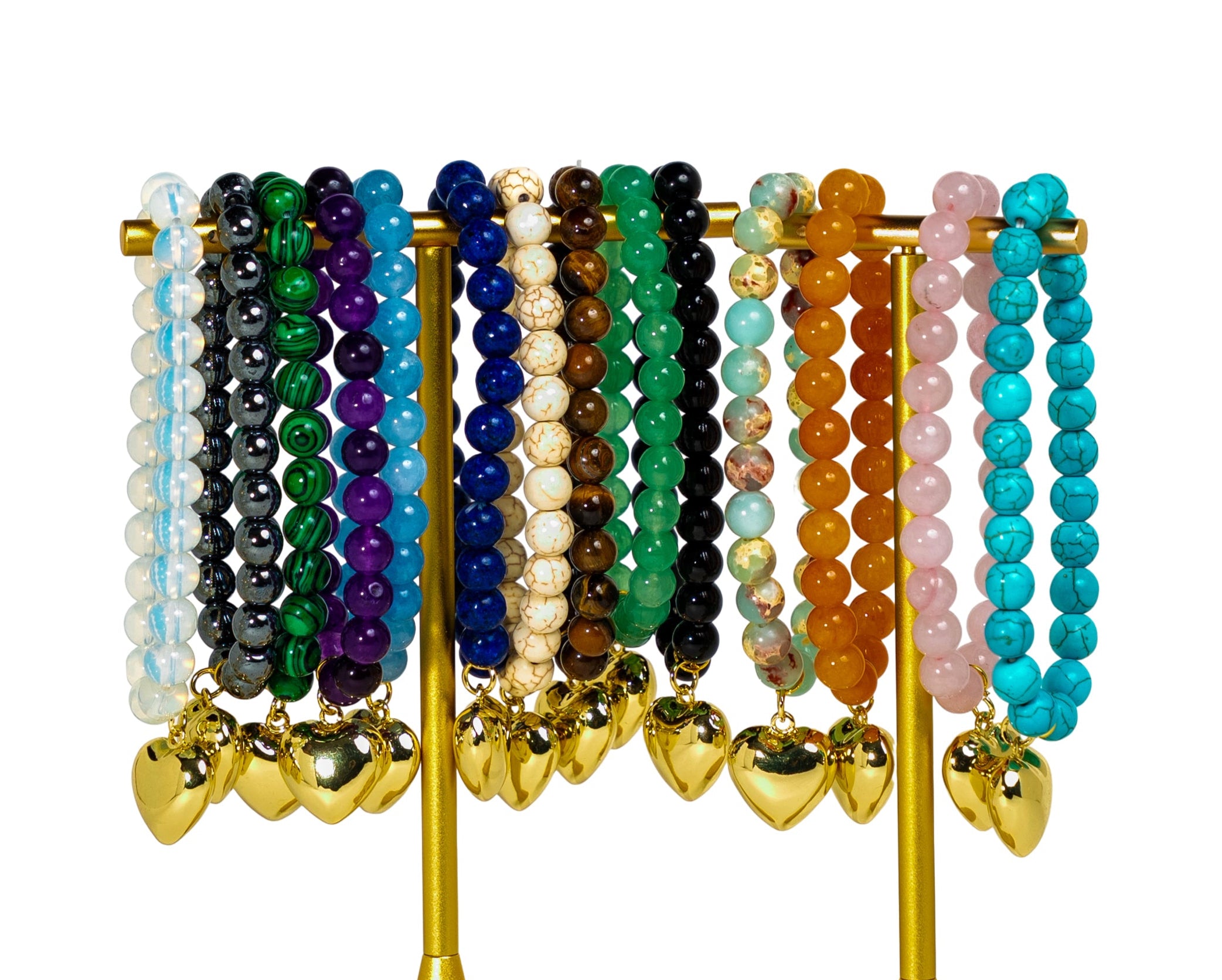 Gemstone Beaded Bracelets with Gold Puffy Heart Charm