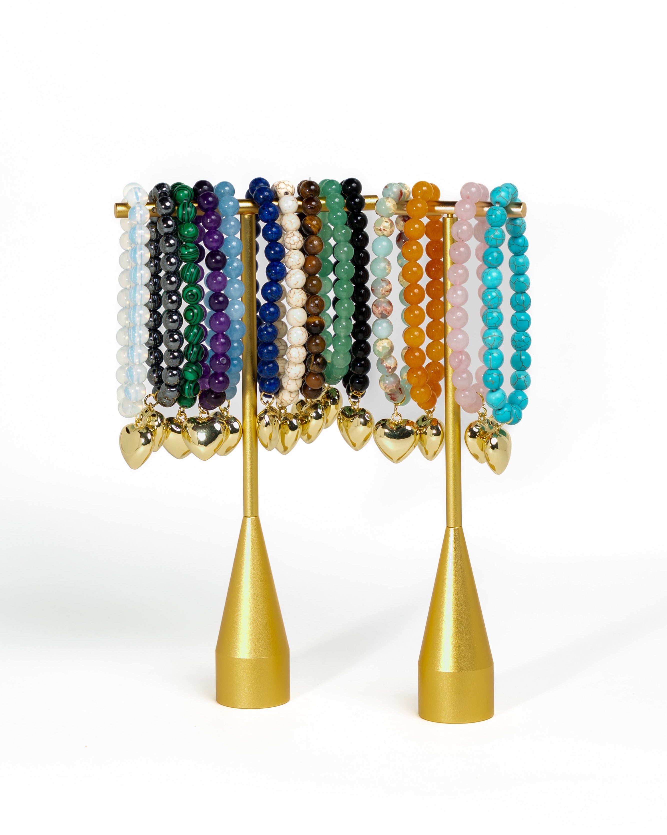 Gemstone Beaded Bracelets with Gold Puffy Heart Charm