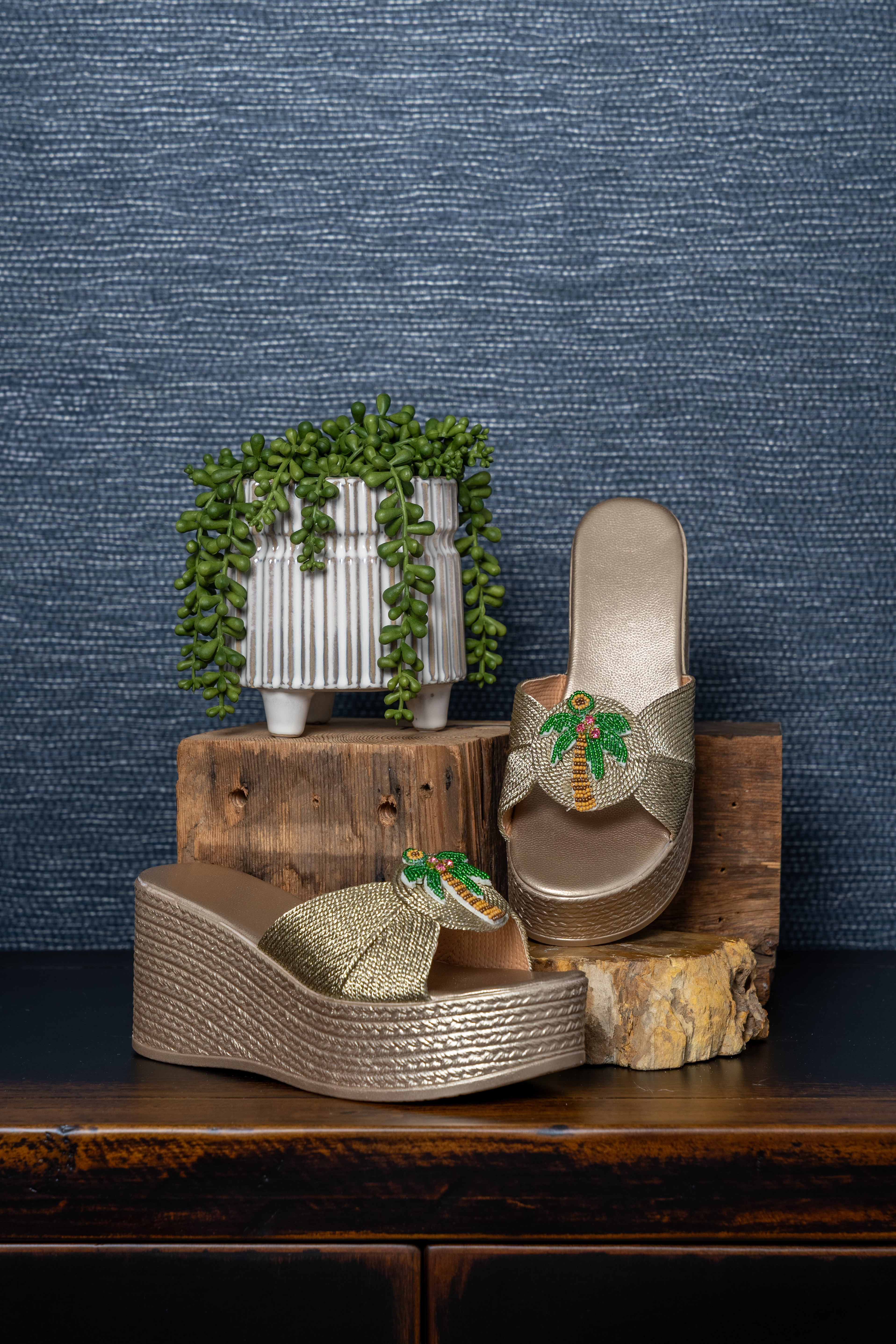 Golden Palm Beaded Platform Slides