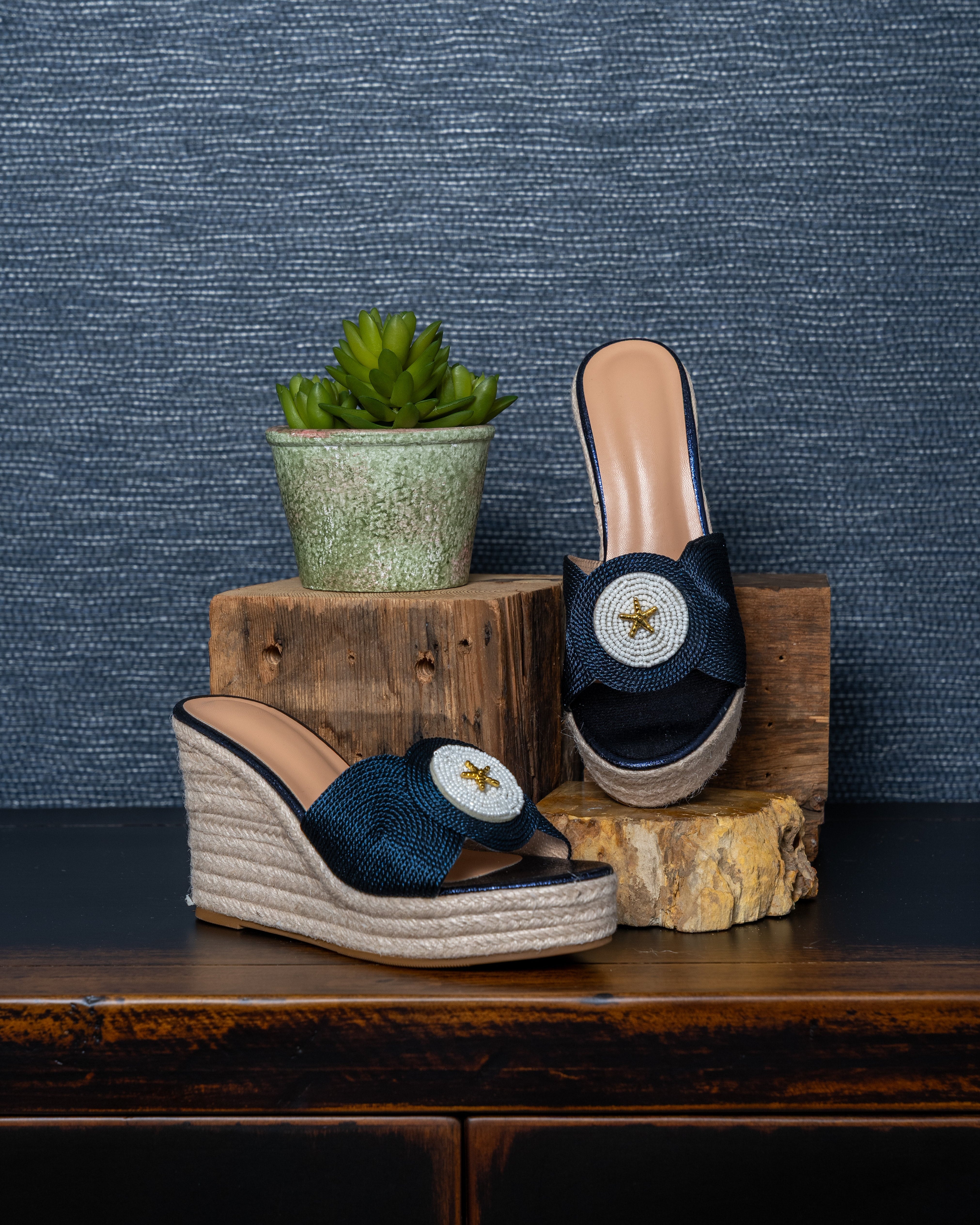 Midnight Starfish Beaded Raffia Wedge