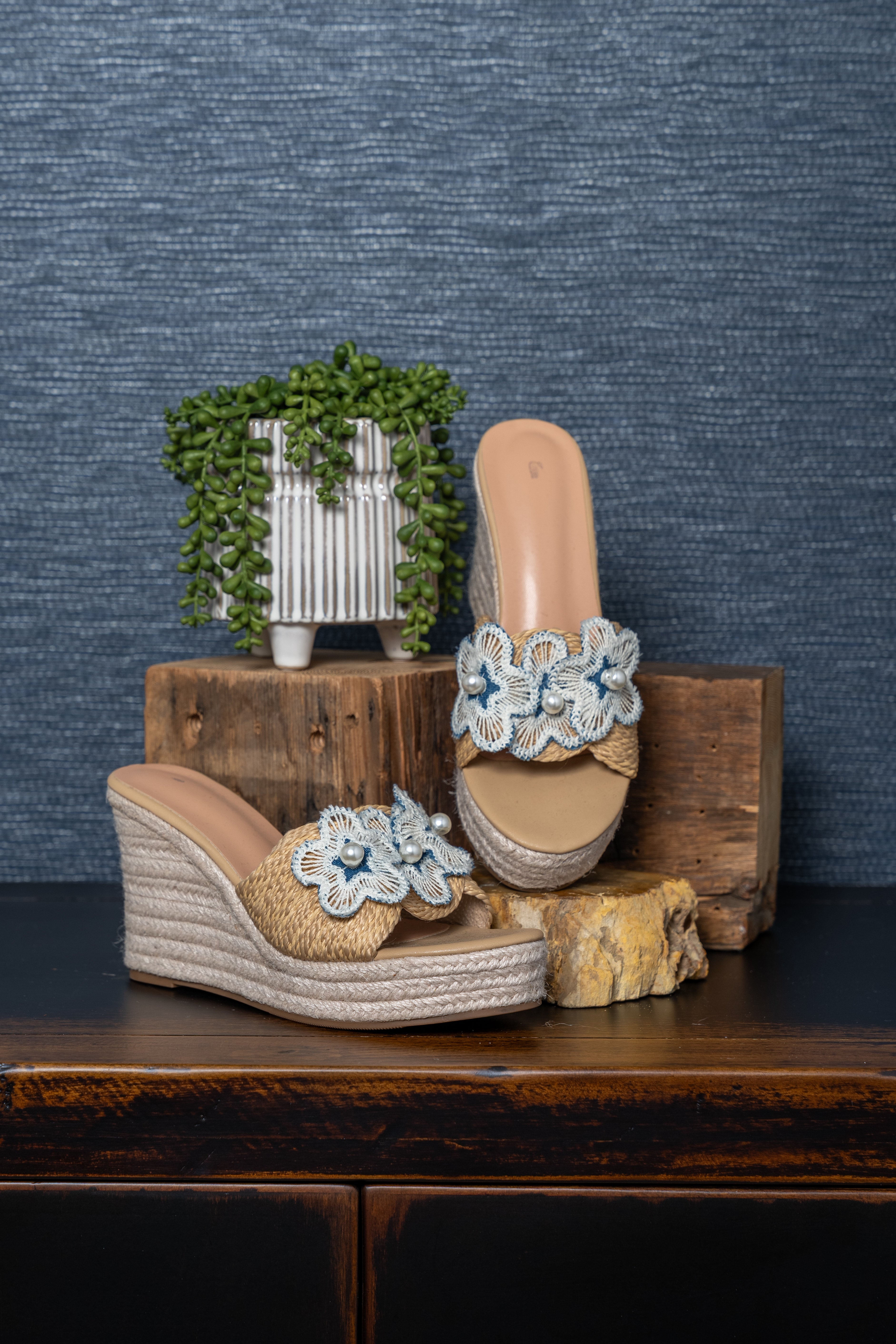 Pearl Blossom Raffia Wedge Sandals