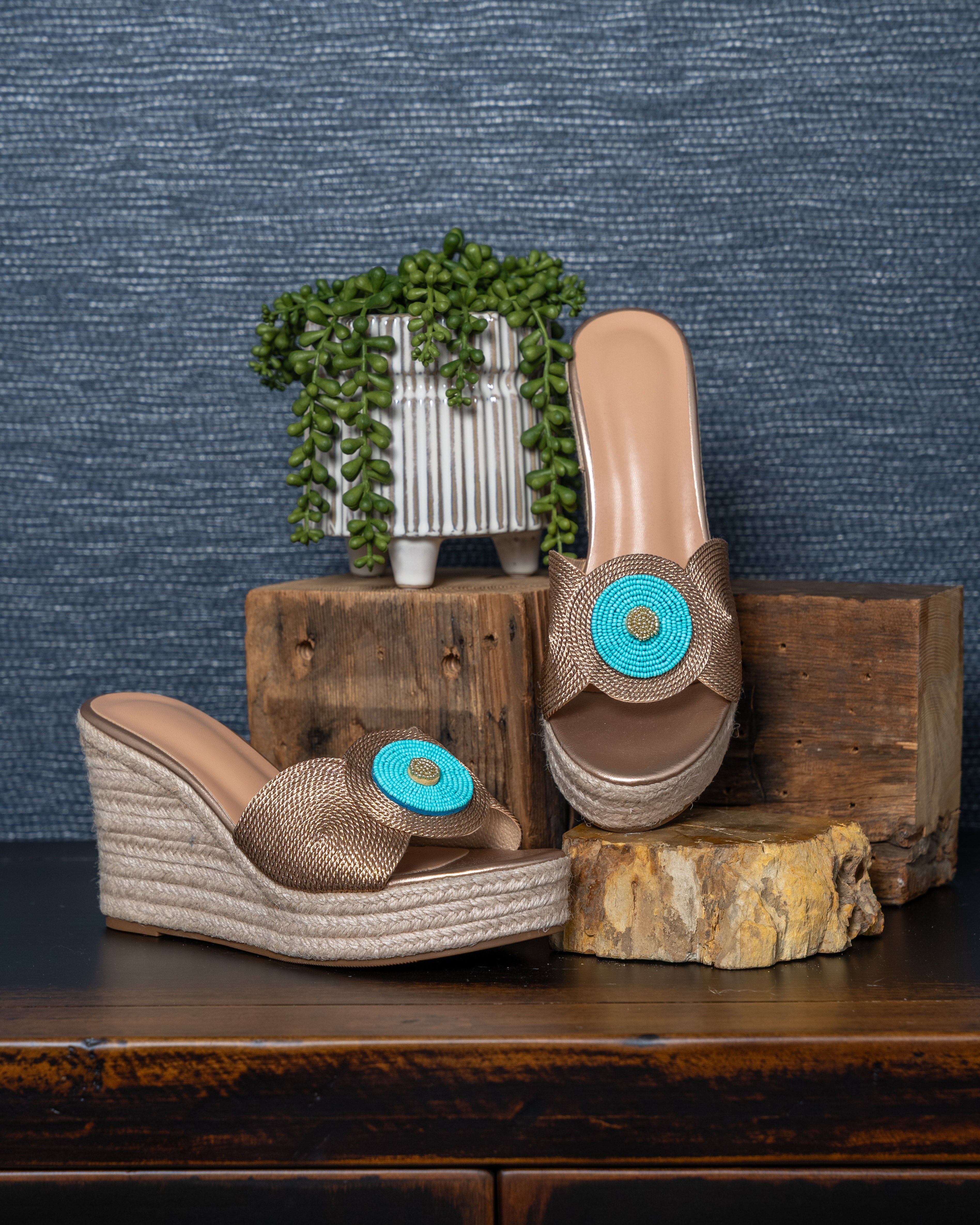 Turquoise Sunburst Raffia Wedge Sandals