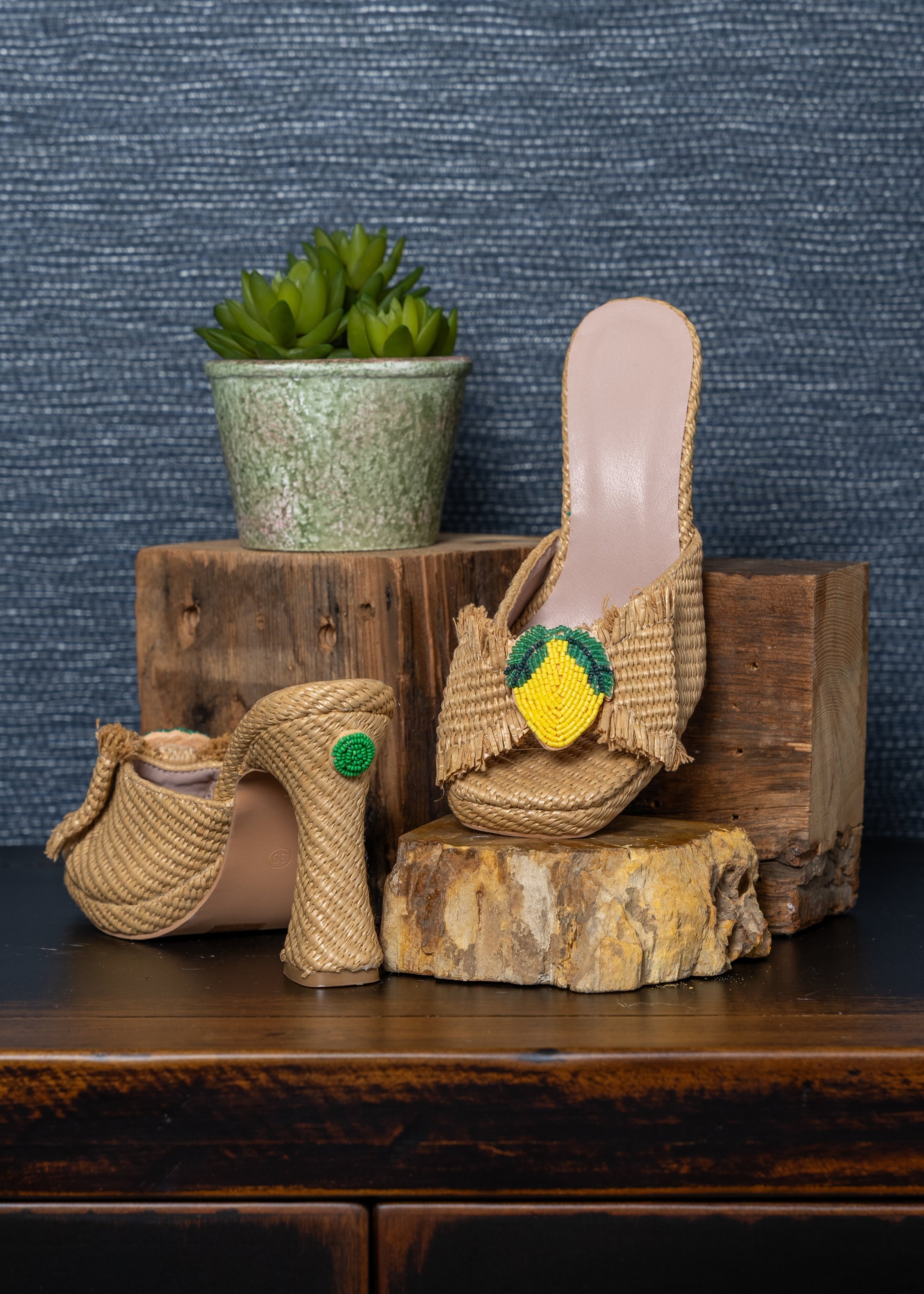 Lemon Zest Raffia Wedge Sandals