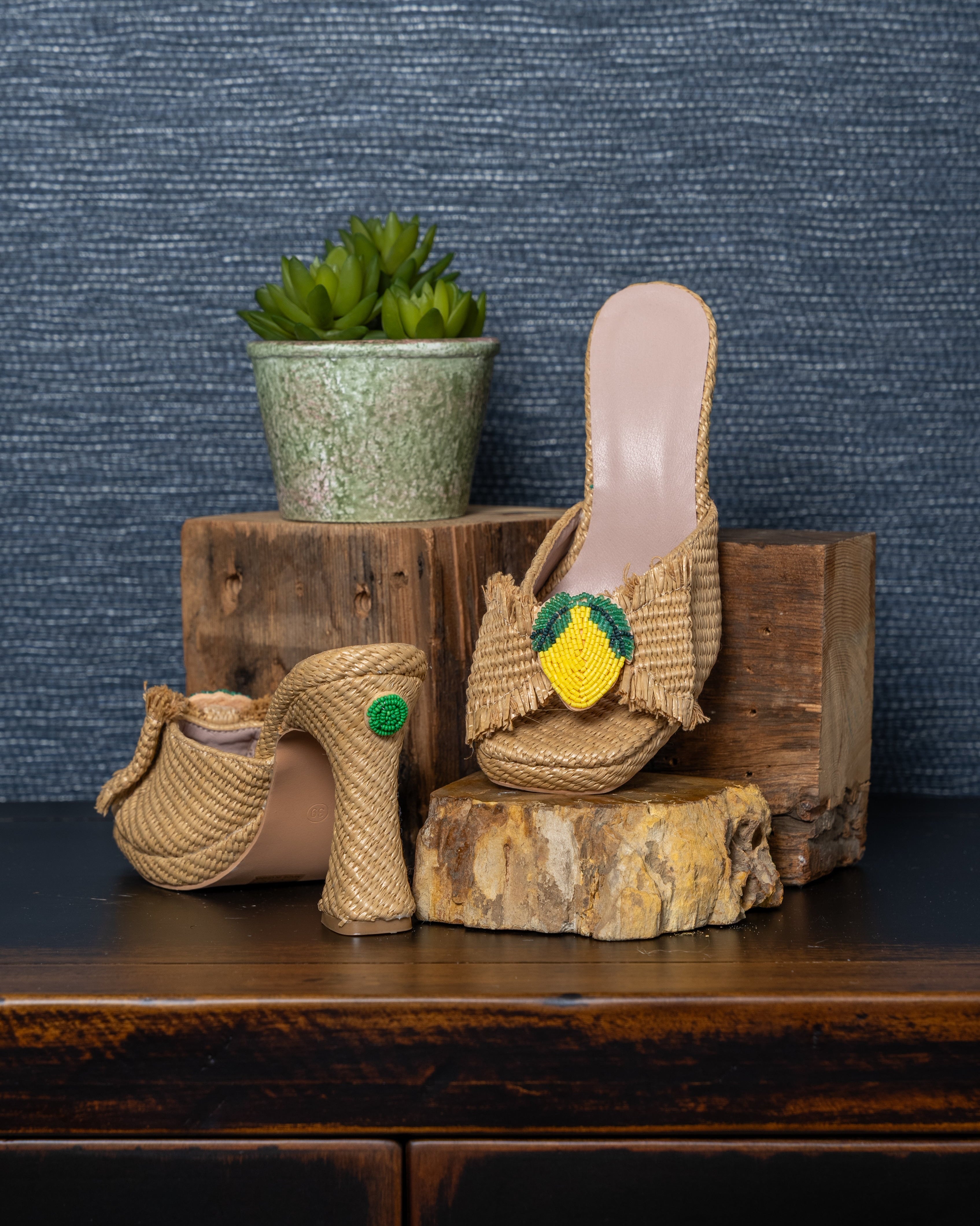Lemon Zest Raffia Wedge Sandals