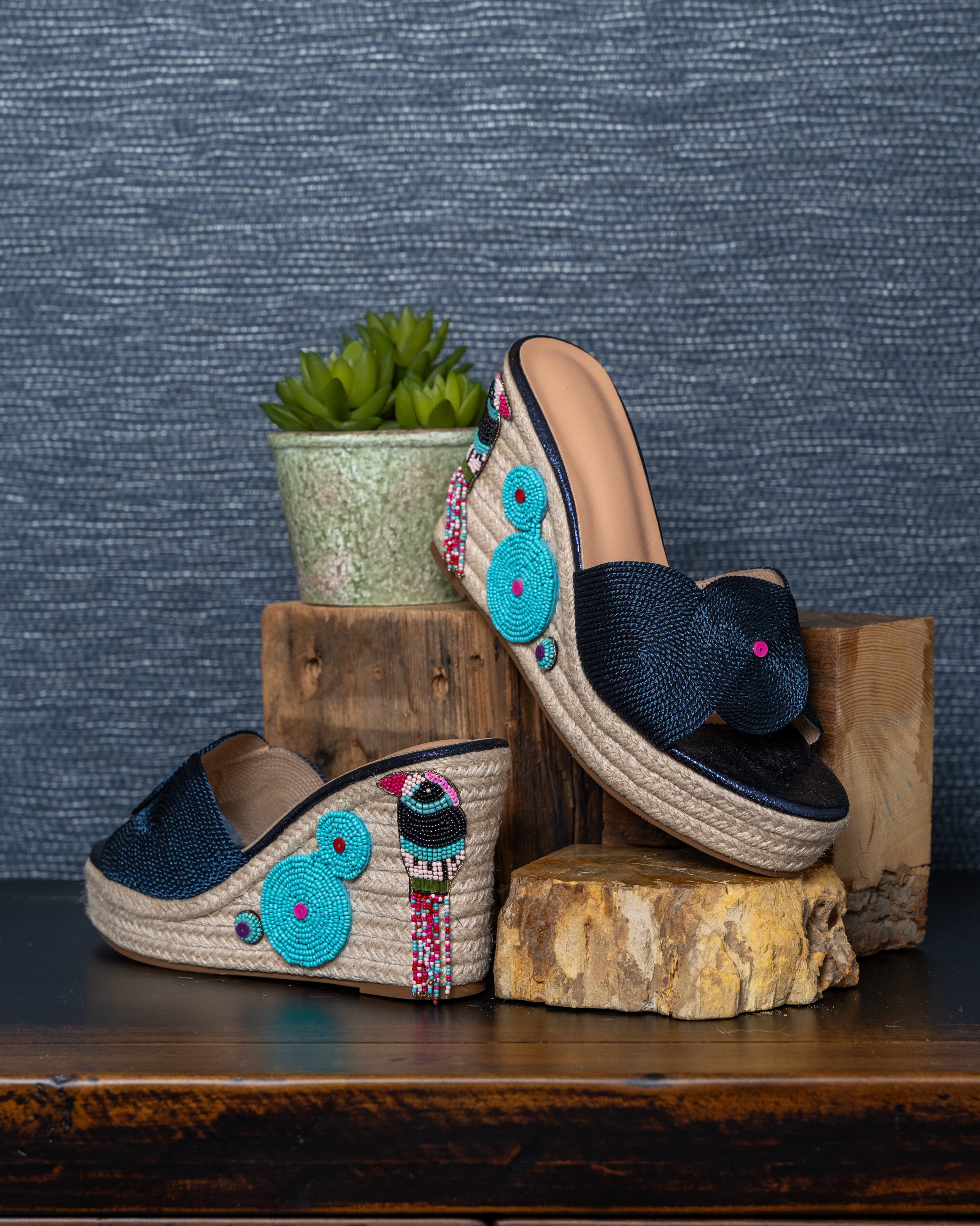 Tropical Toucan Beaded Wedge Sandals