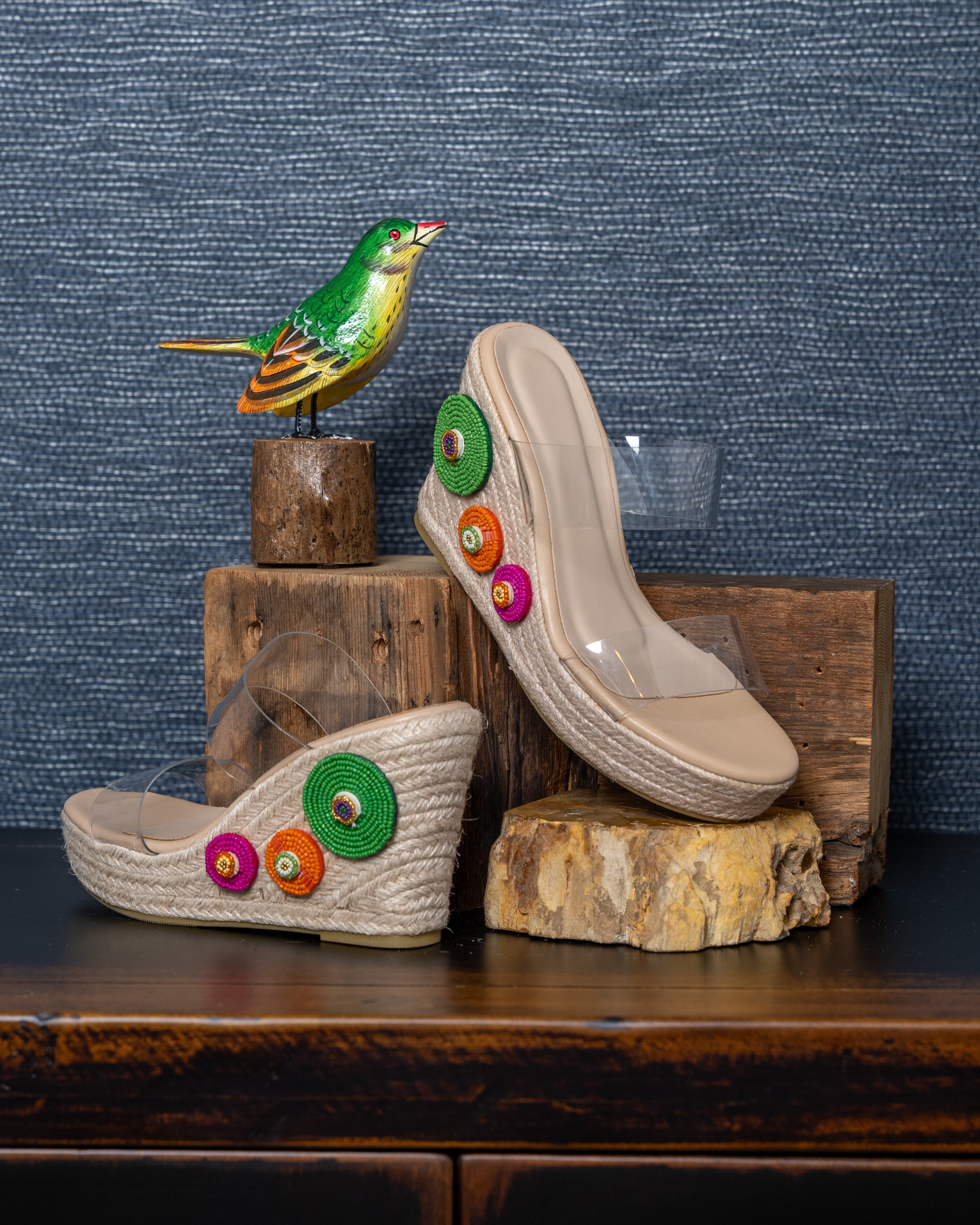 Multicolor Beaded Clear Strap Wedges