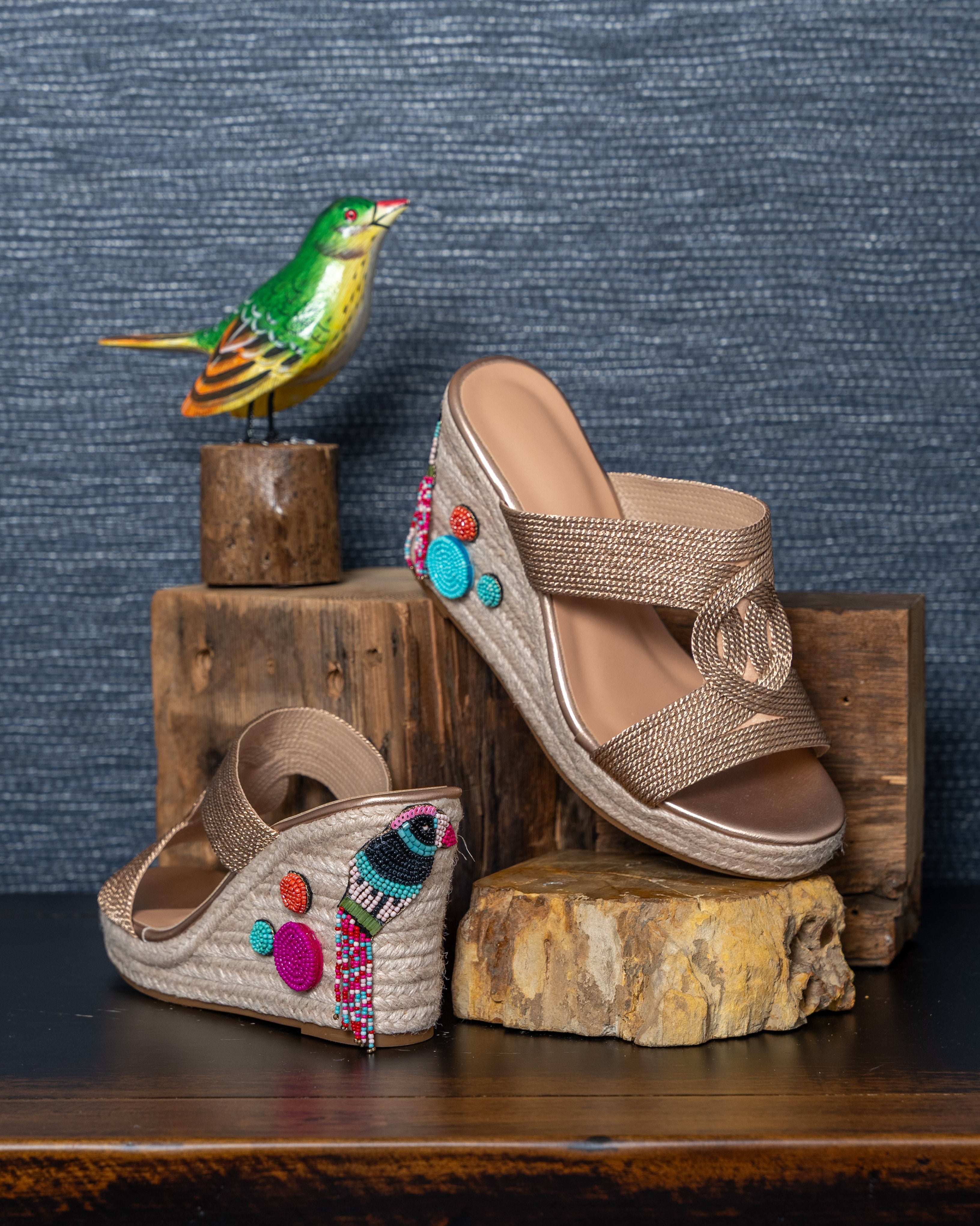 Beaded Parrot Bronze Wedge Sandals