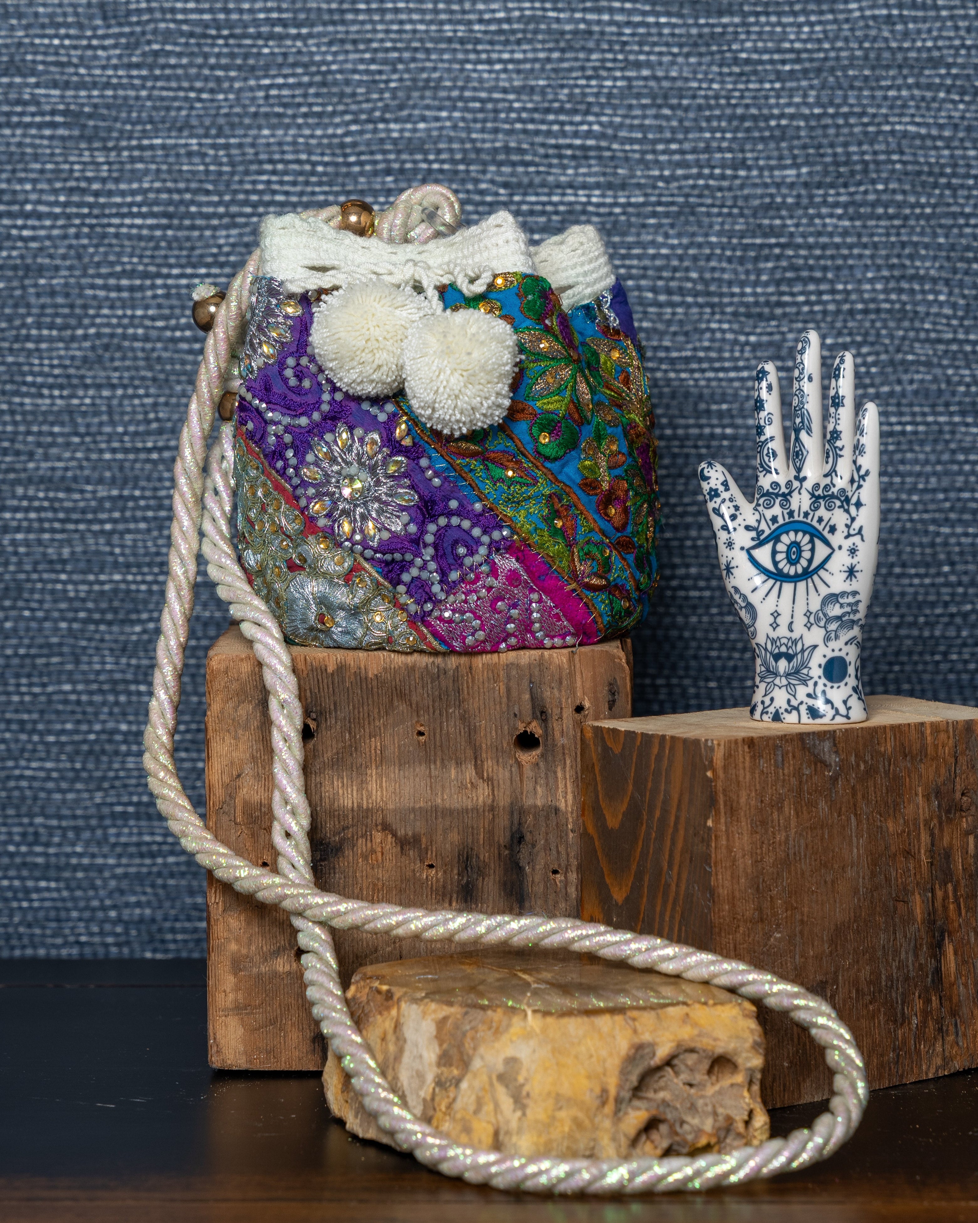 Embroided Boho Bucket Bag-White Background