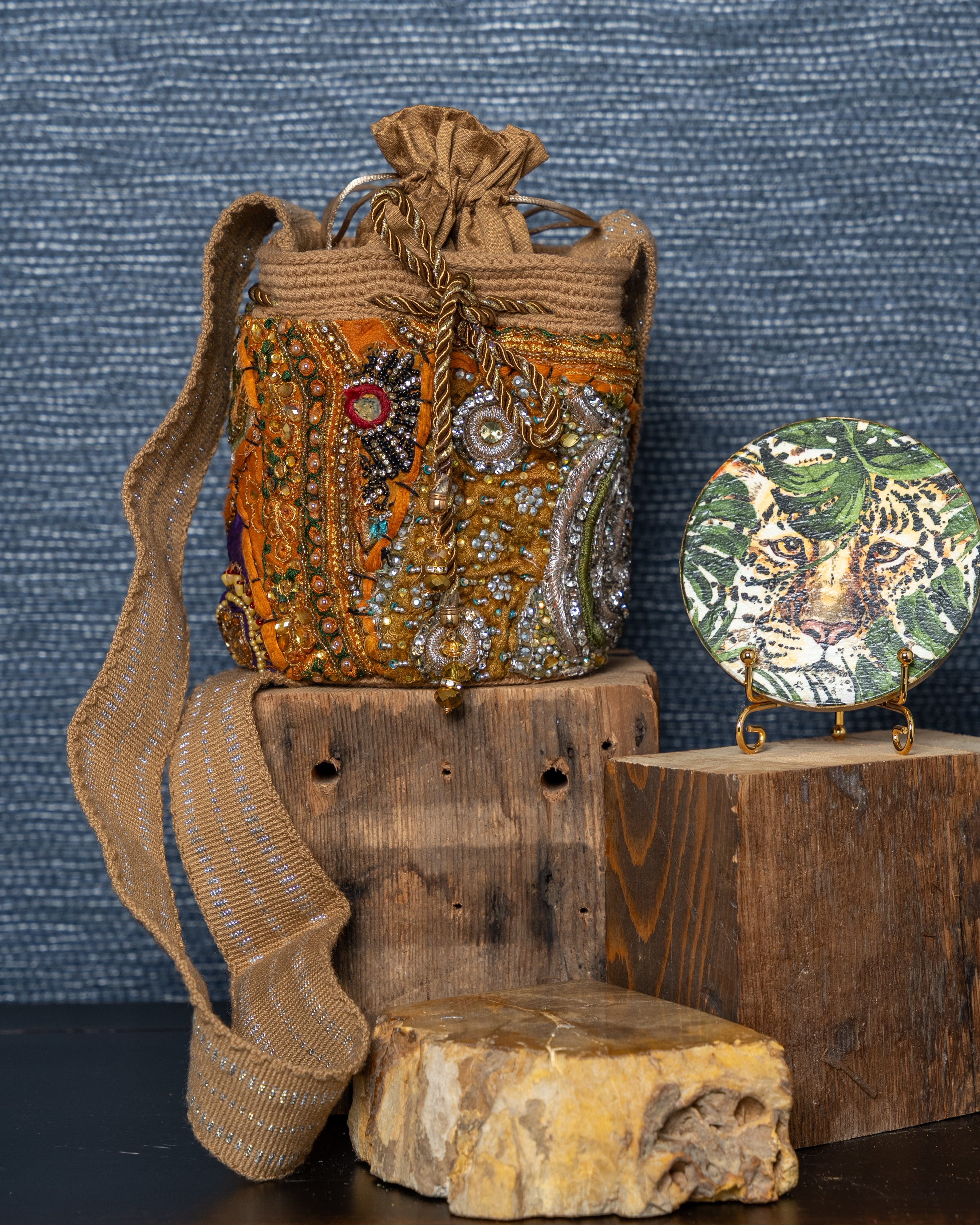 Embroided Bucket Bag-Taupe Background