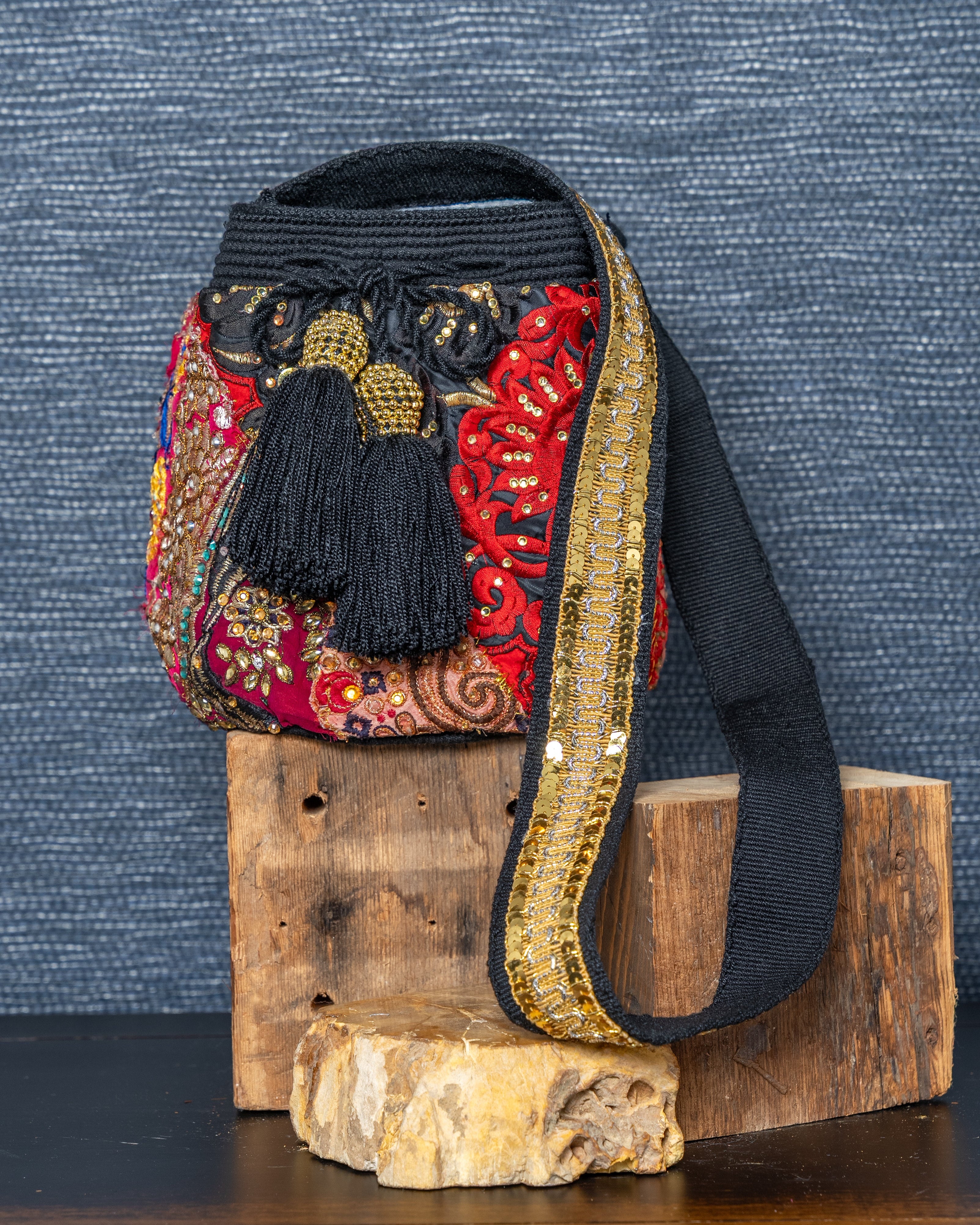 Embroided Bucket Bag-Black Background