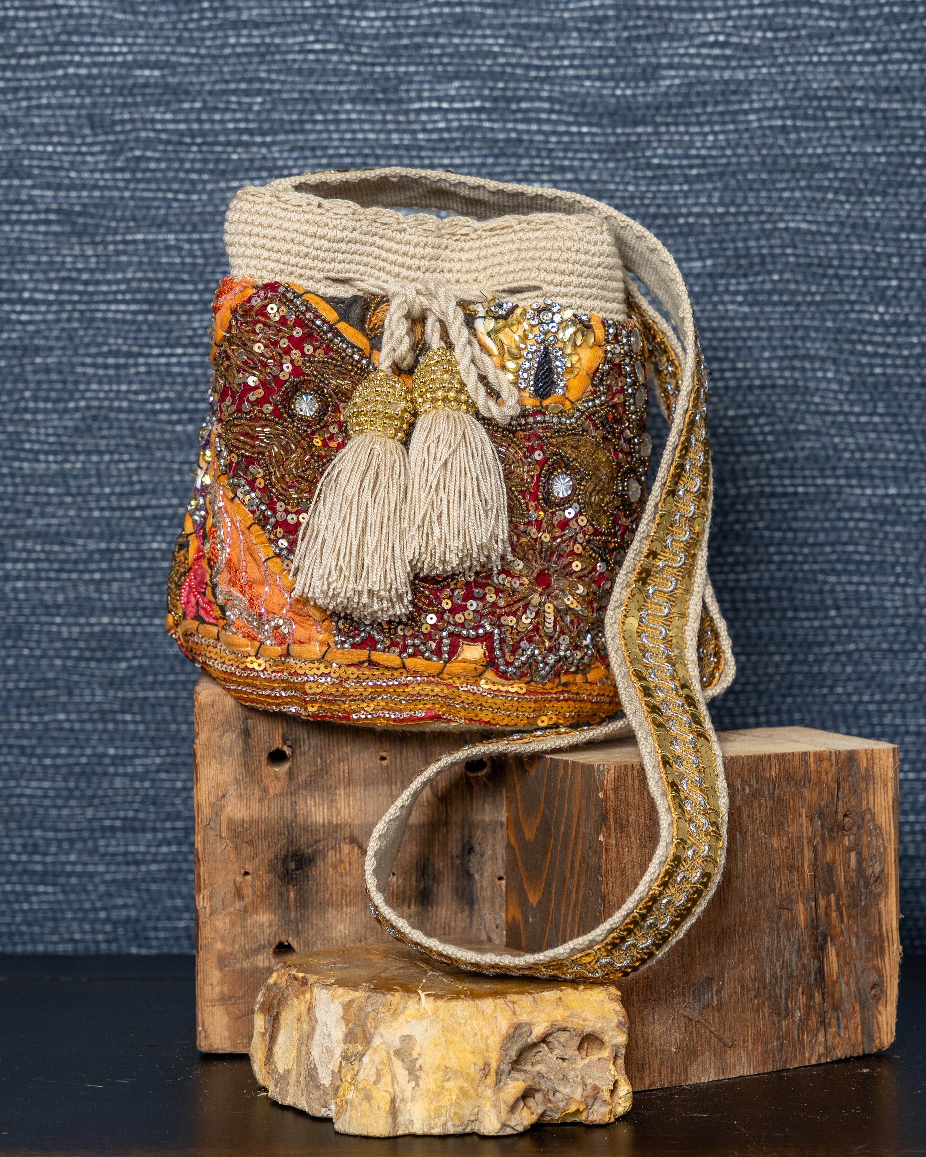 Embroided Bucket Bag- Beige Background