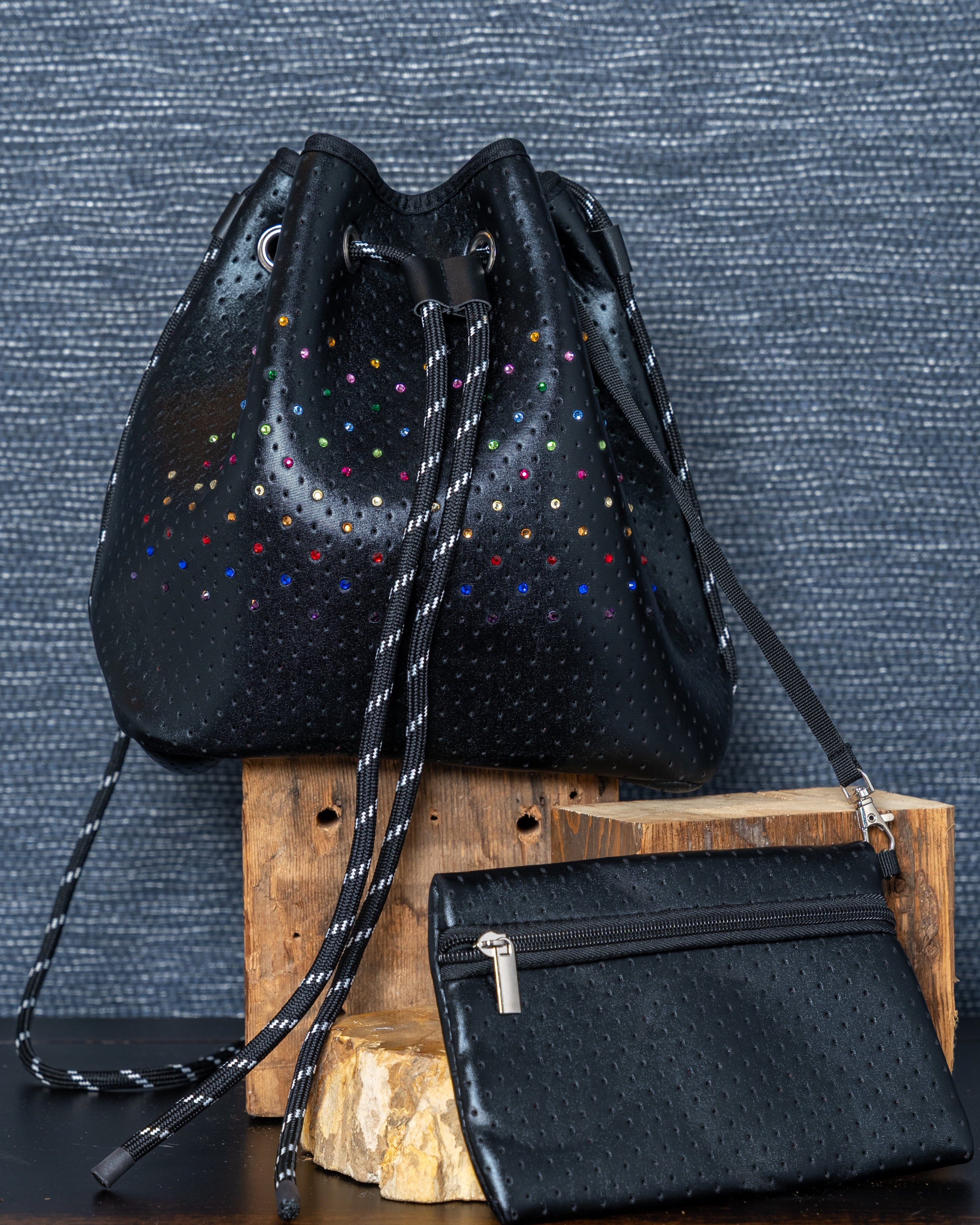 Black Rainbow Rhinestone Perforated Bucket Bag