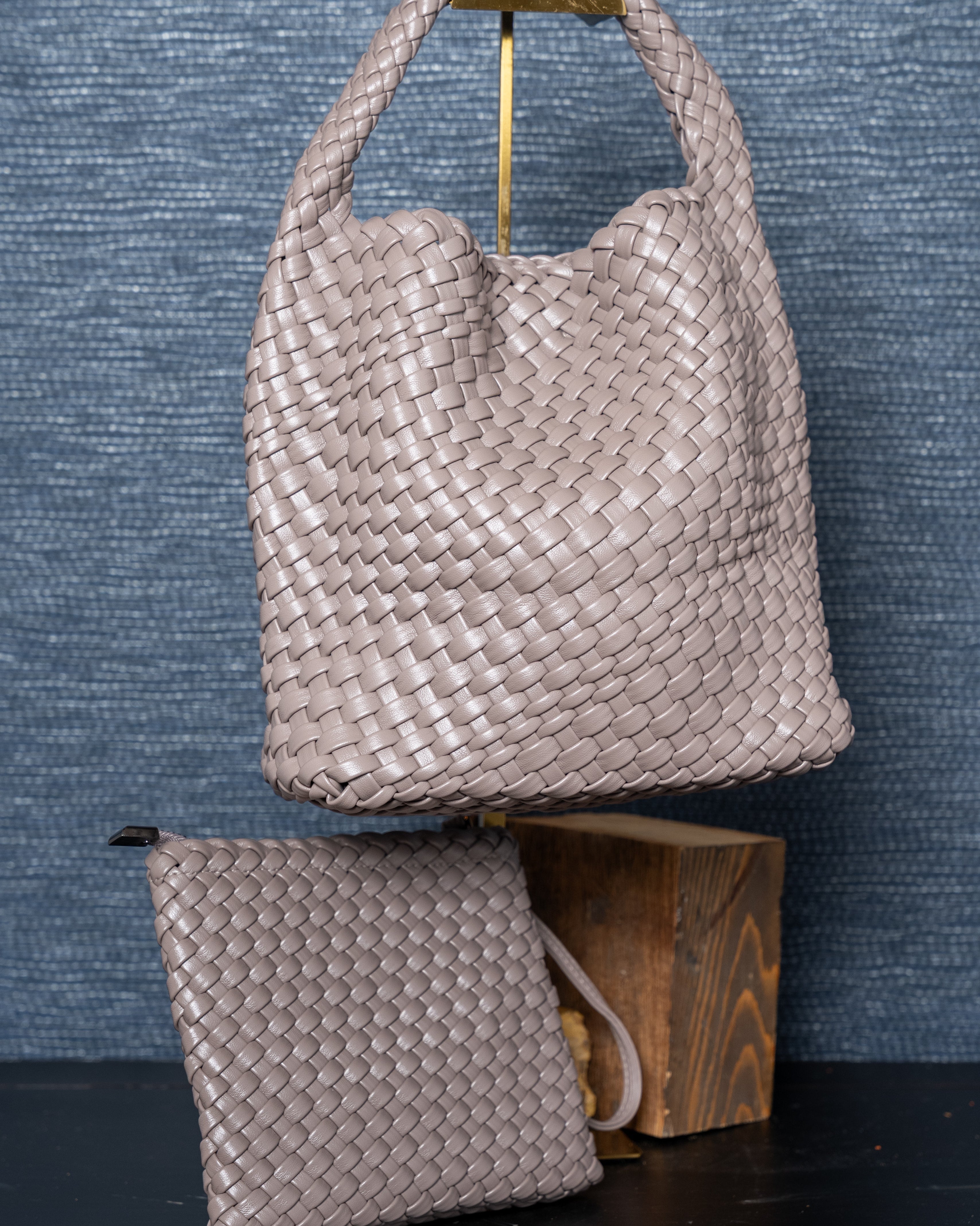 Woven Vegan Leather Shoulder Tote – Taupe