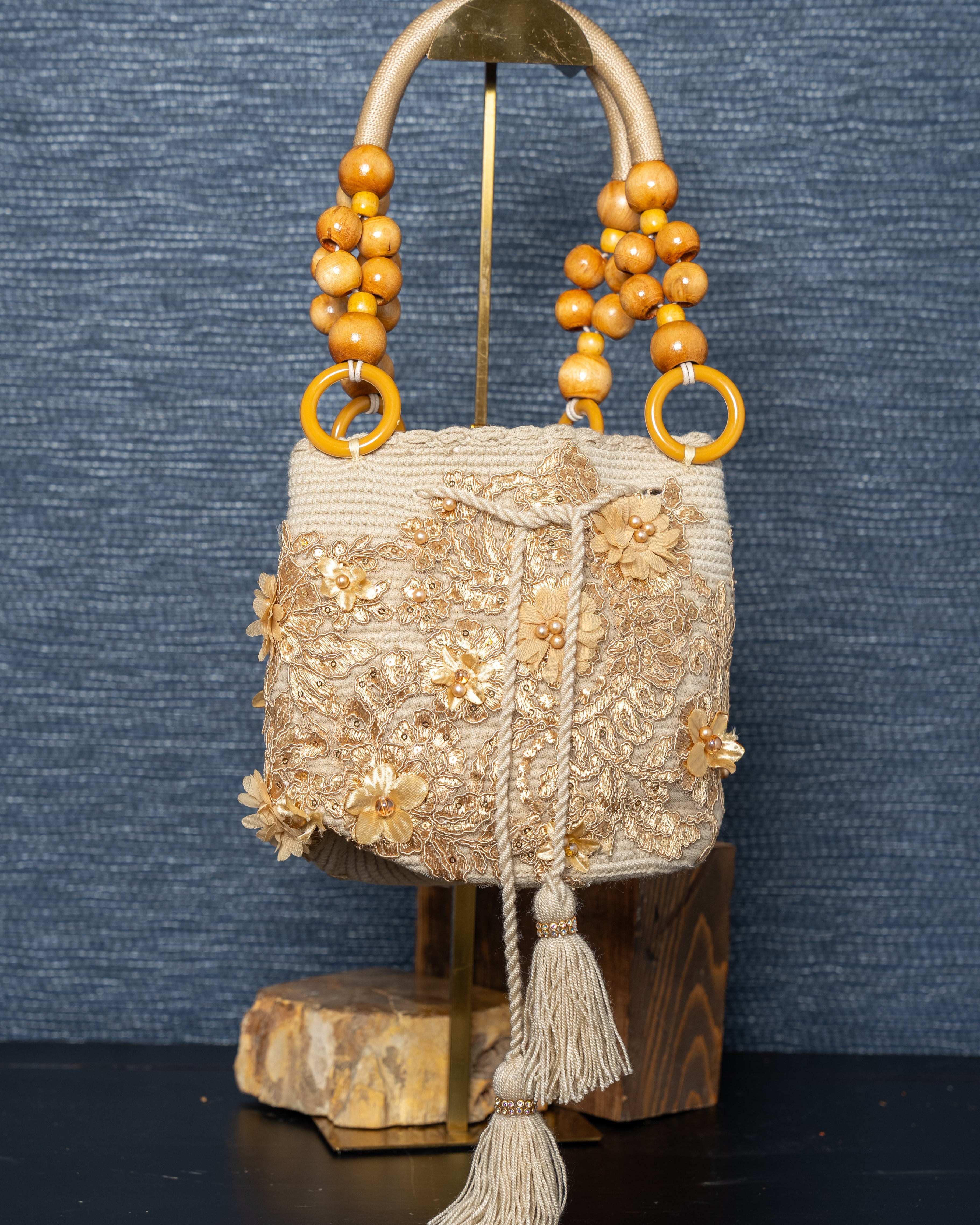 Golden Bloom Beaded Bucket Bag
