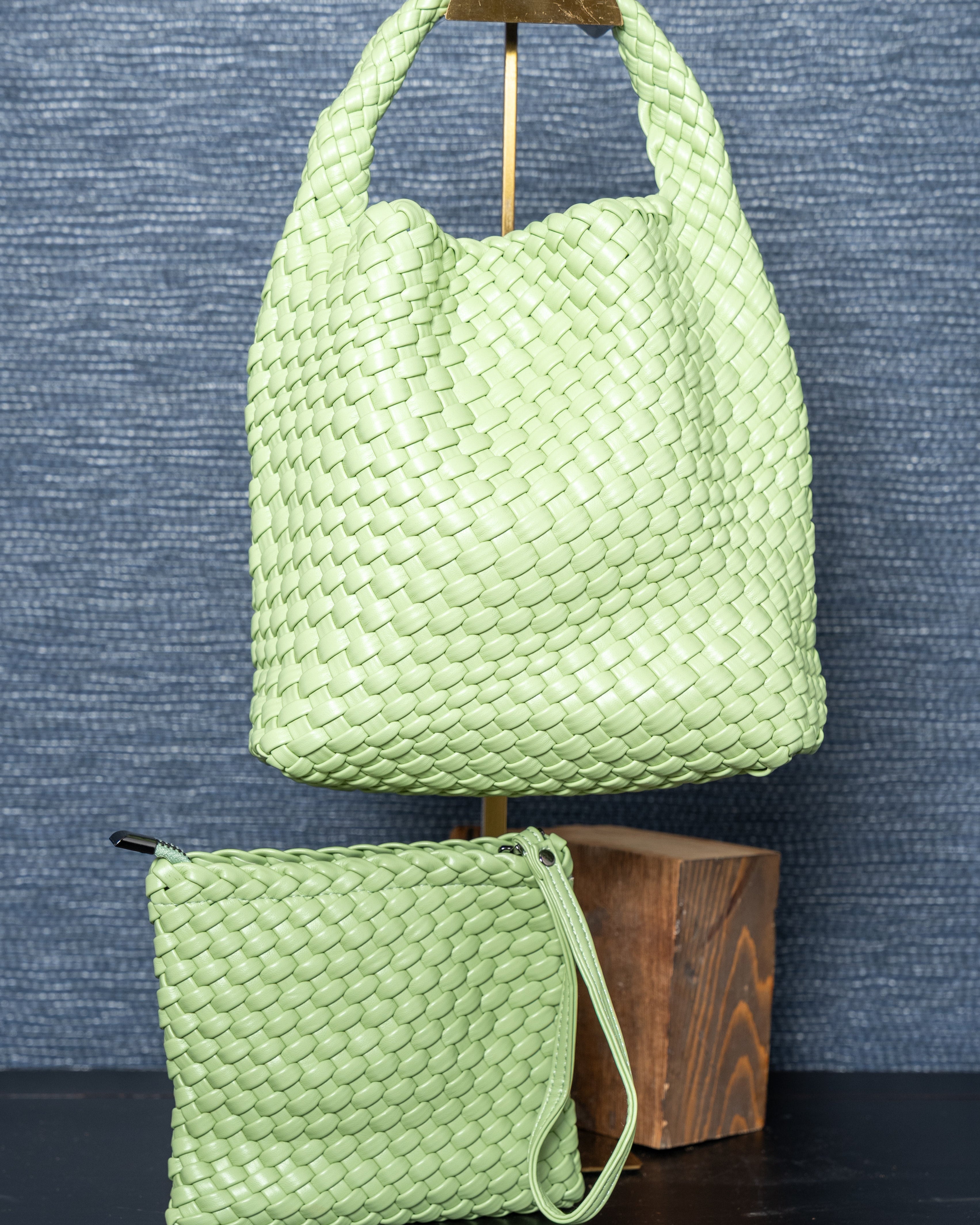 Woven Vegan Leather Shoulder Tote – Mint Green