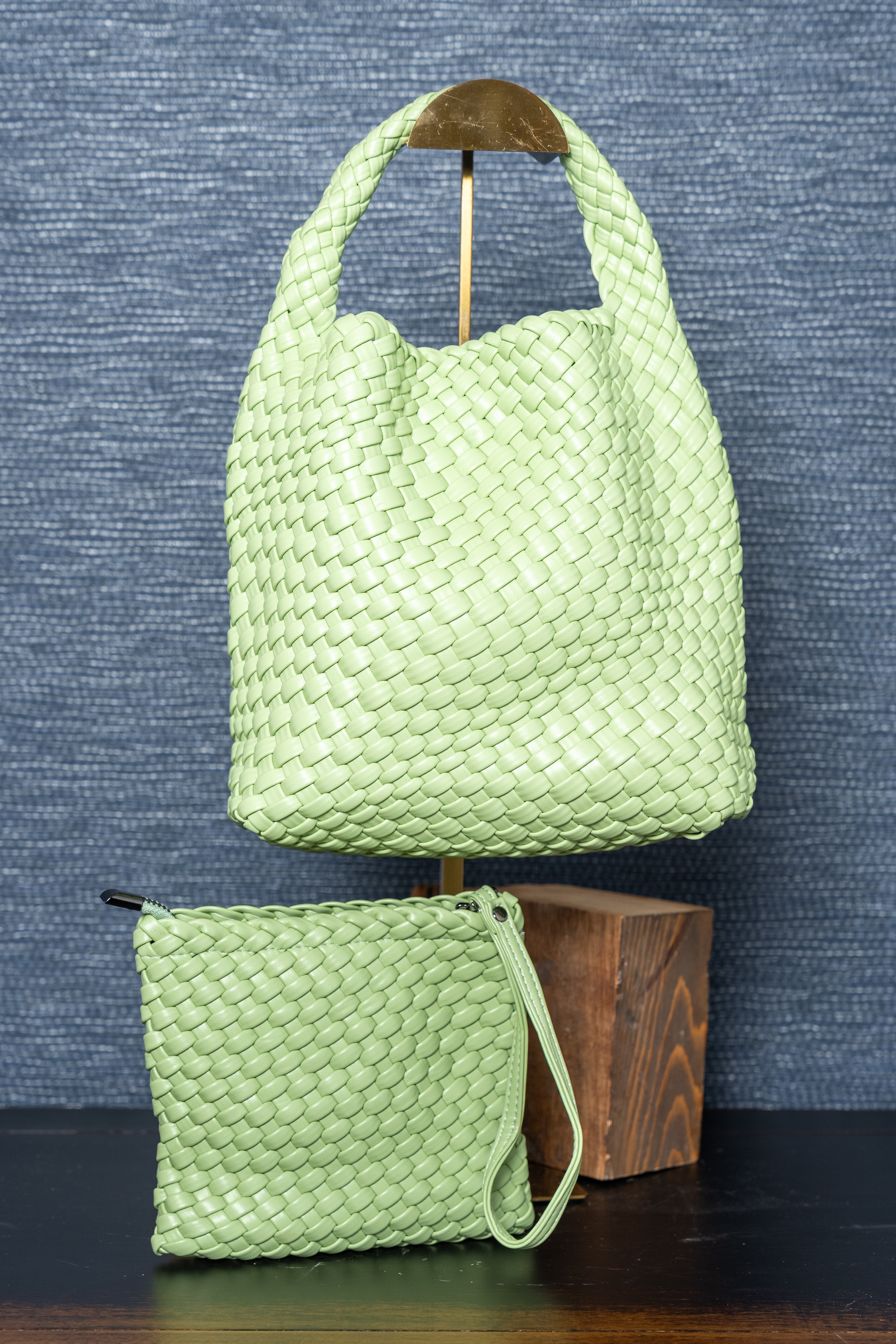 Woven Vegan Leather Shoulder Tote – Mint Green
