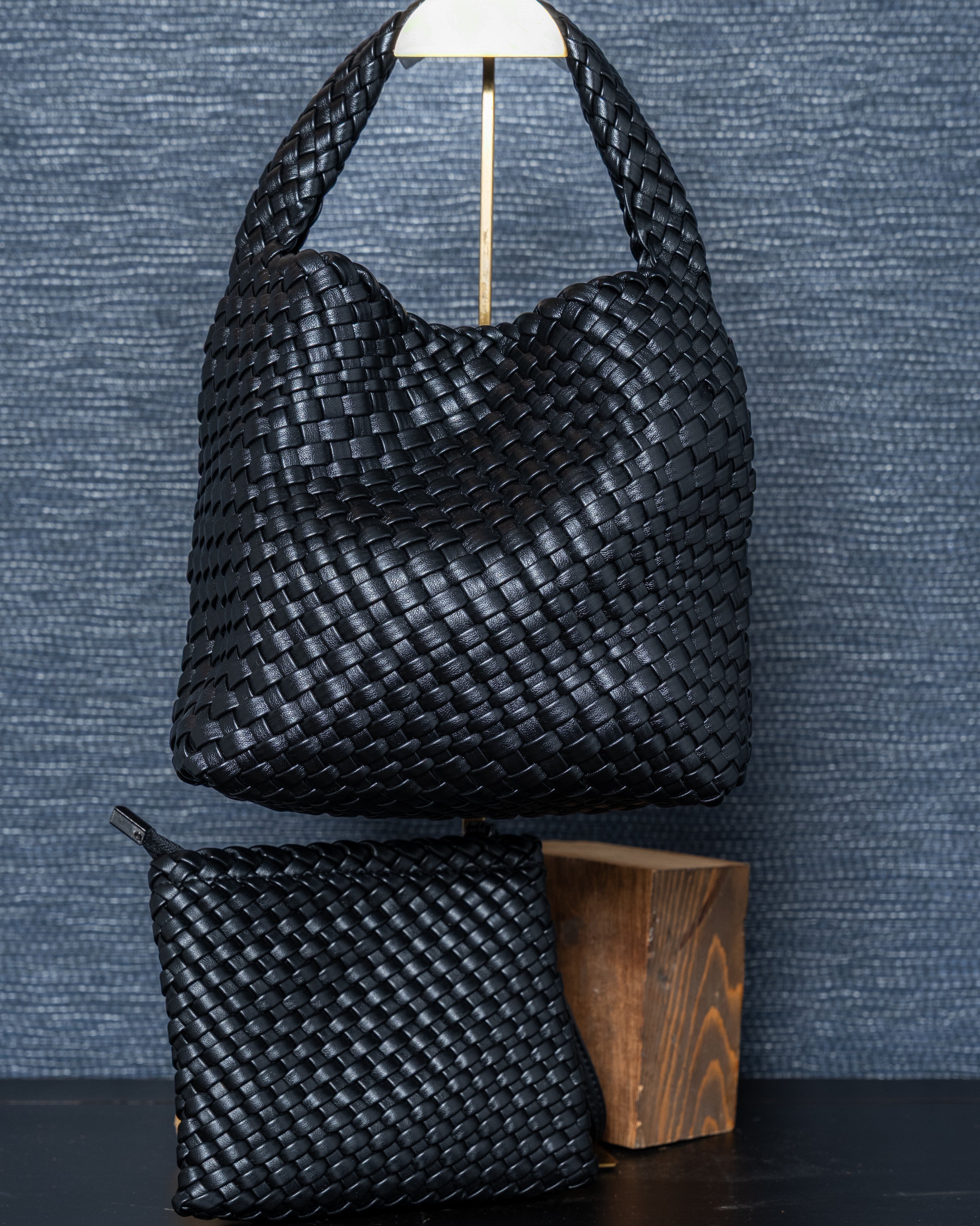 Woven Vegan Leather Shoulder Tote – Classic Black