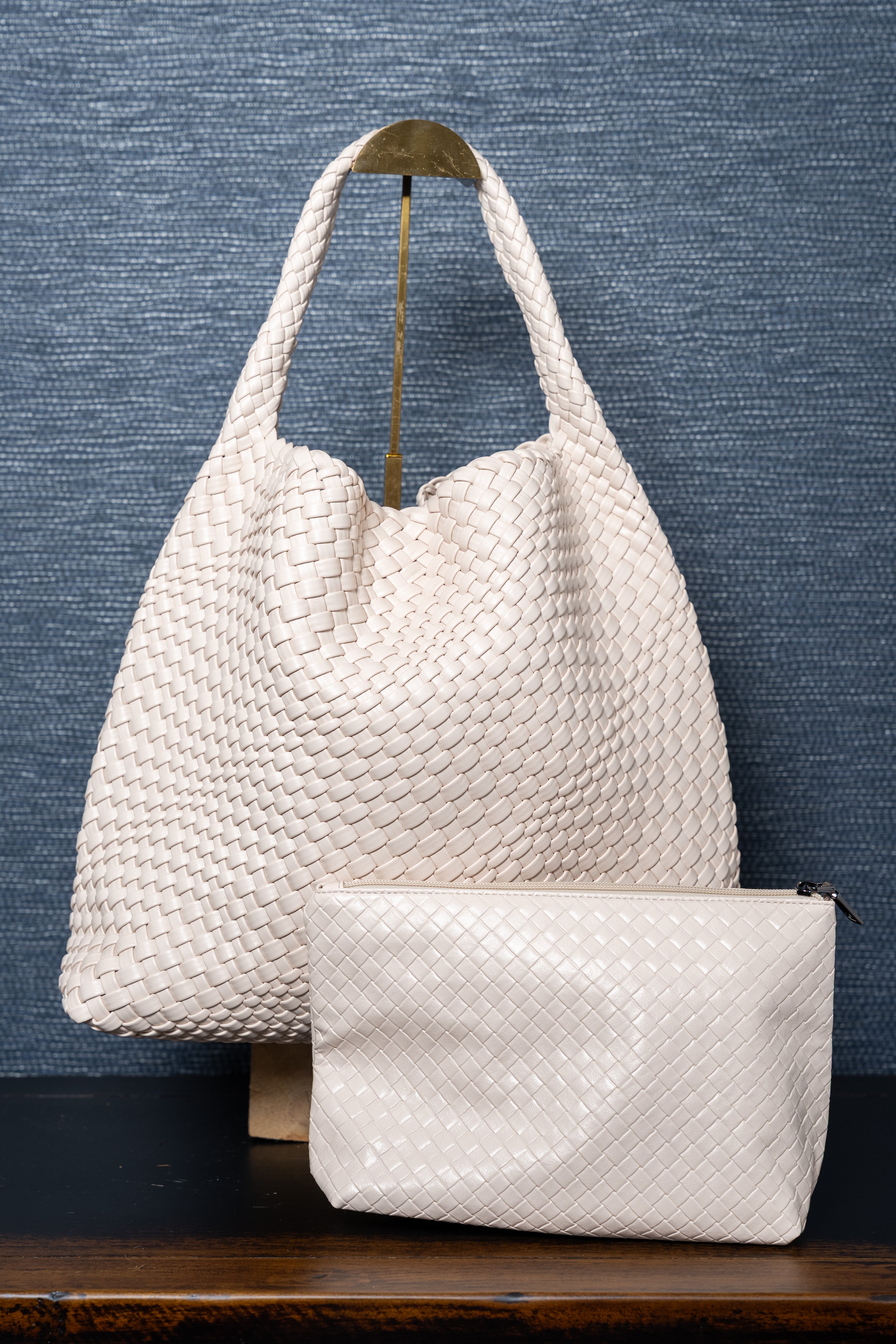 Woven Vegan Leather Tote – Large Cream