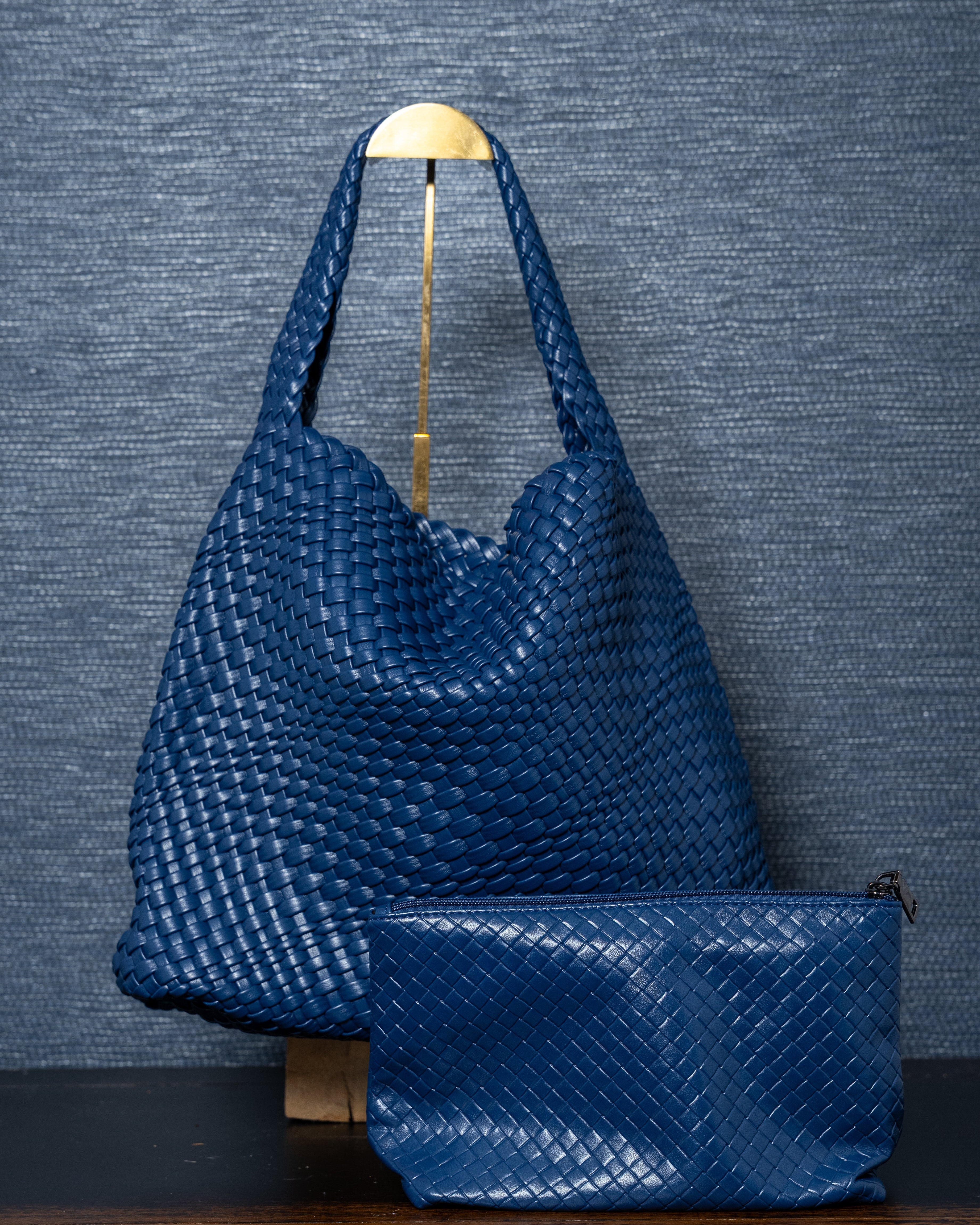 Woven Vegan Leather Tote – Large Navy