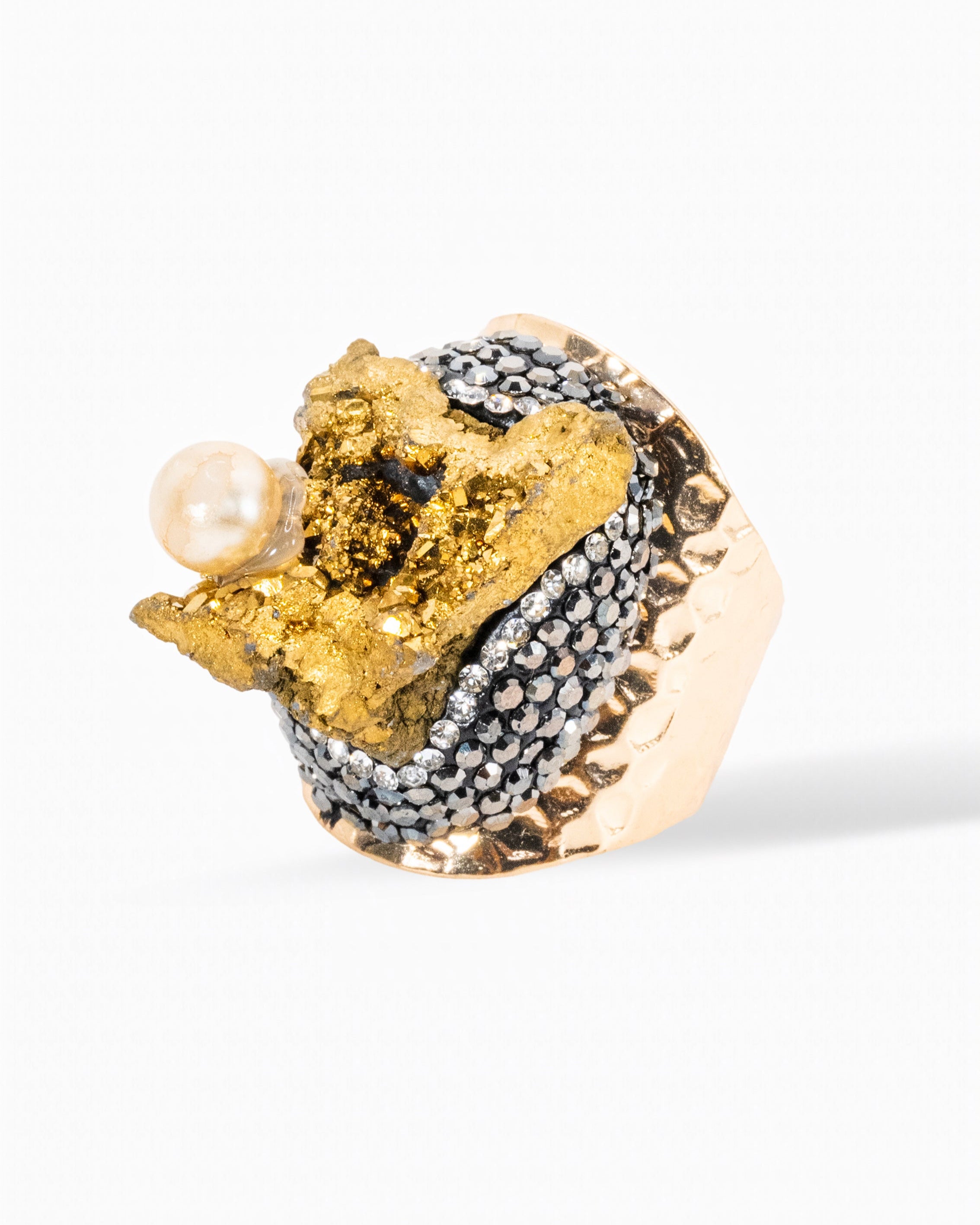 Statement Ring- Raw Druz, Gold and Silver Pearl Accent