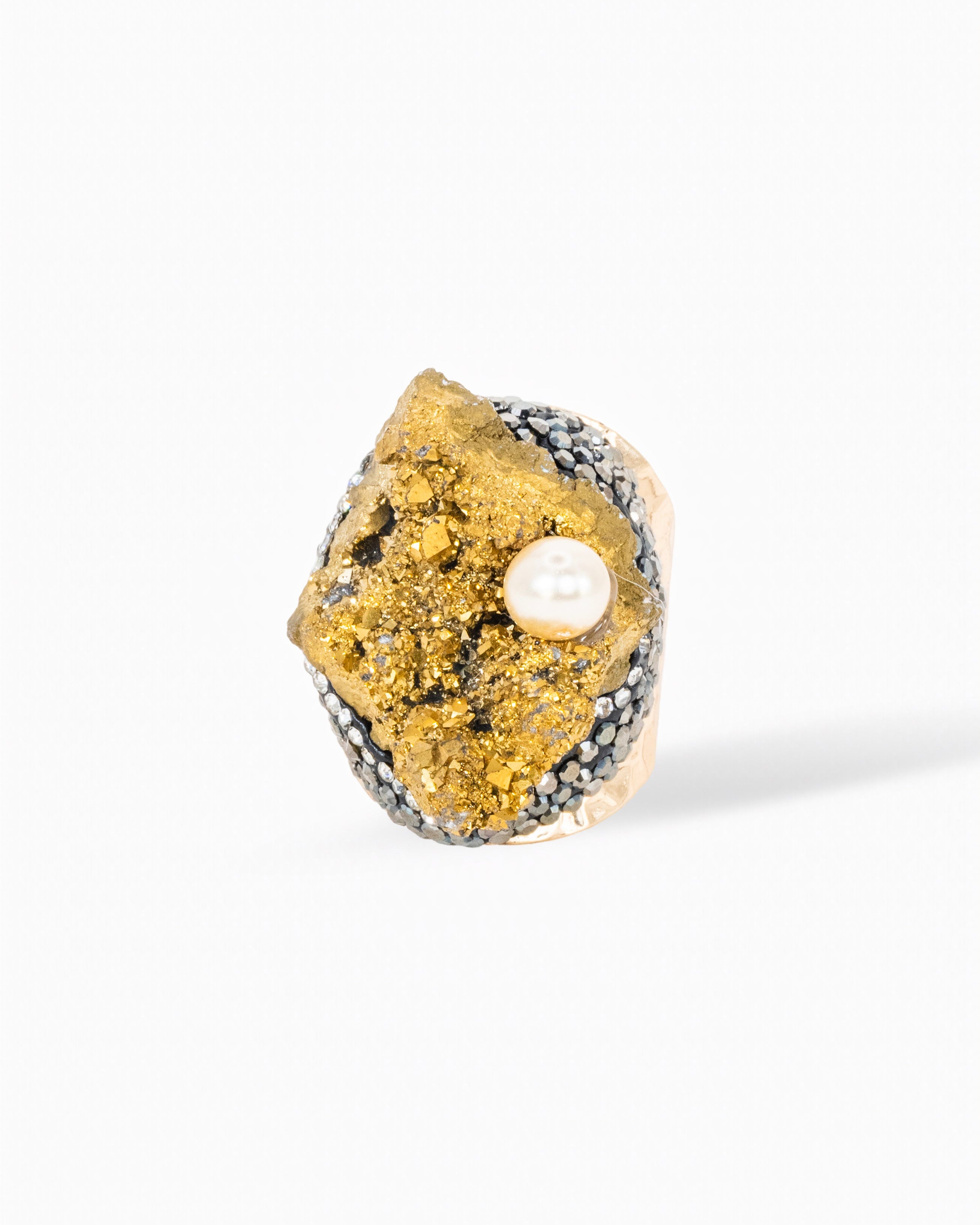 Statement Ring- Raw Druz, Gold and Silver Pearl Accent