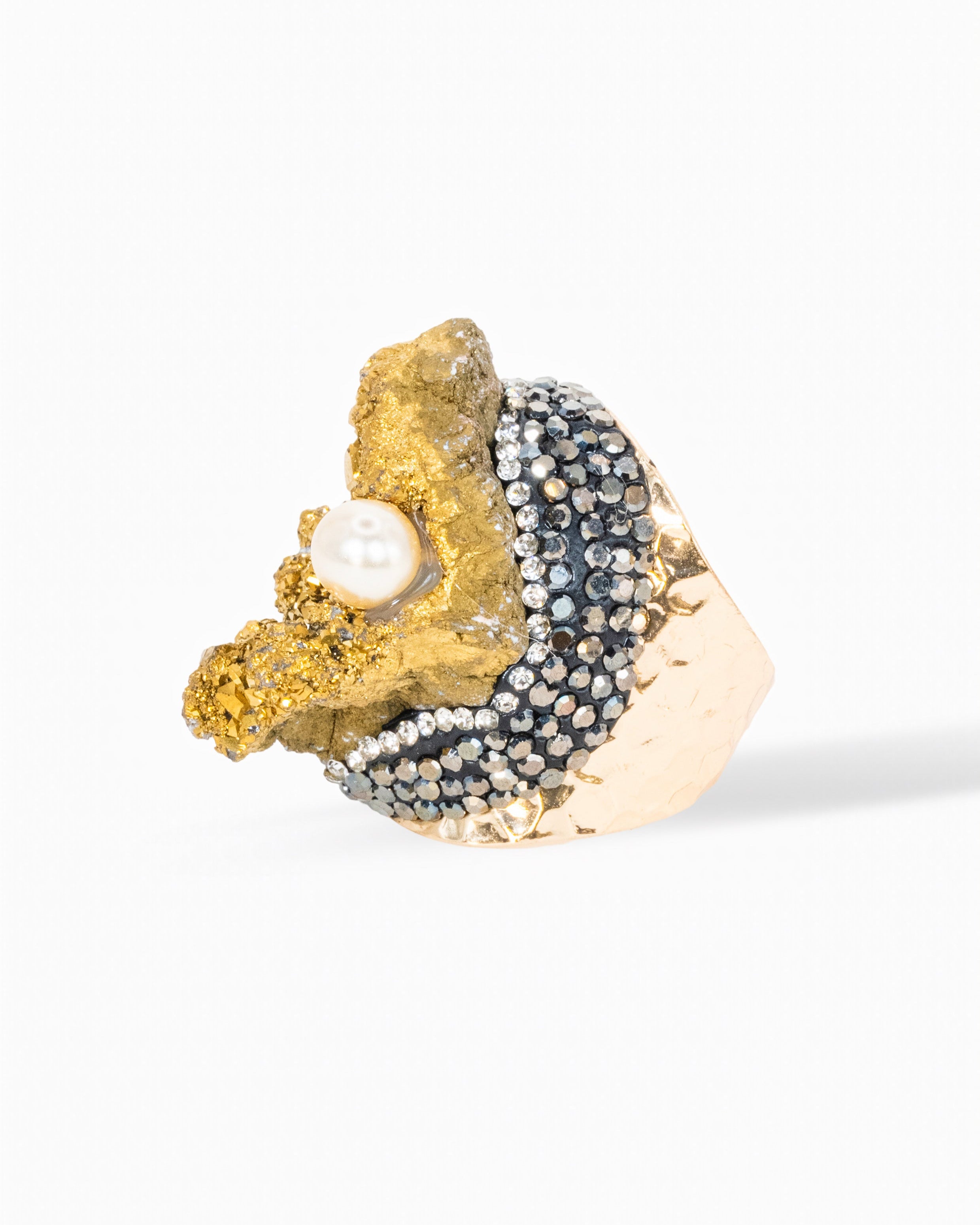 Statement Ring- Raw Druz, Gold and Silver Pearl Accent