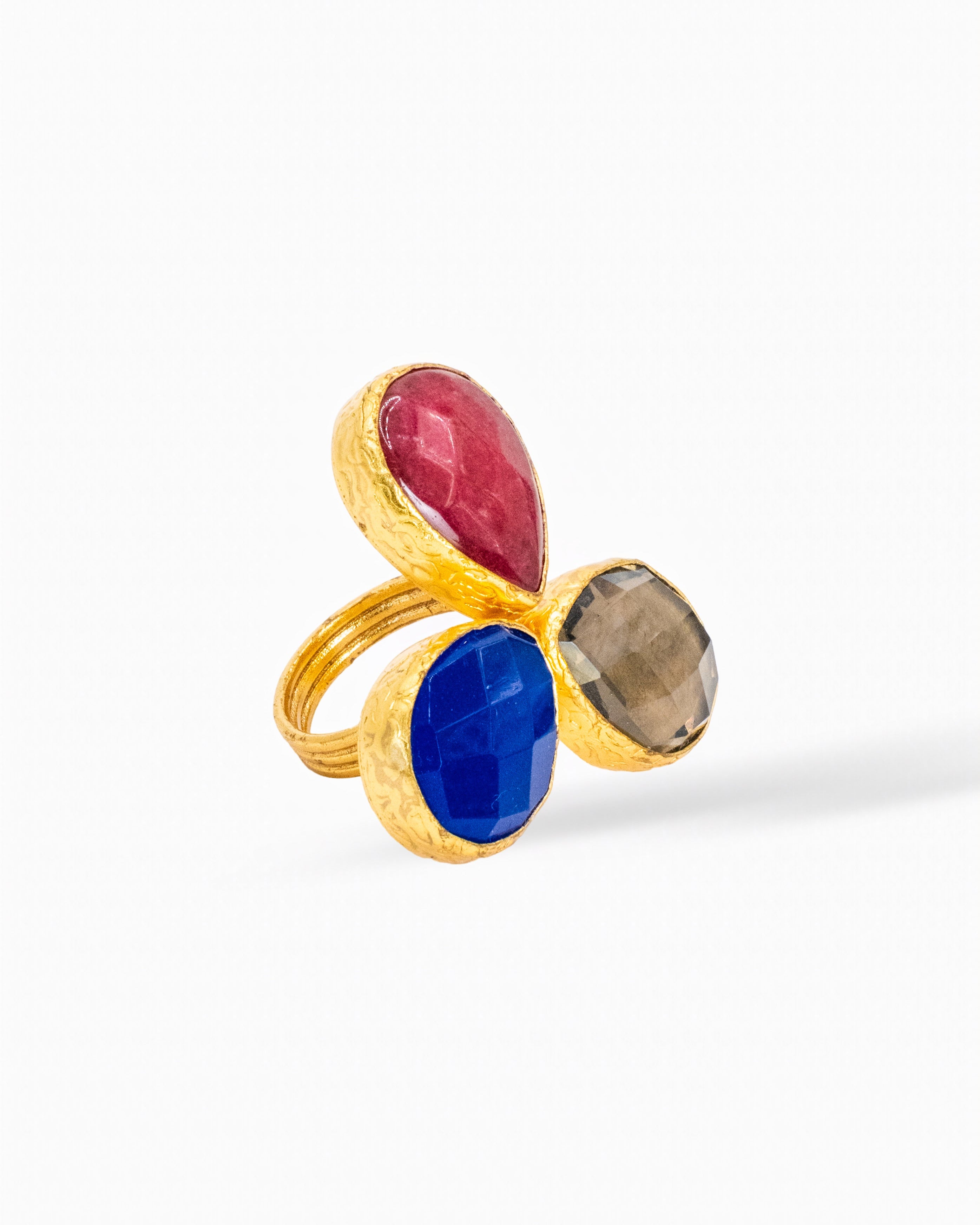 Trinity Harmony Ring – Ruby, Lapis & Labradorite in 18K Gold Plated