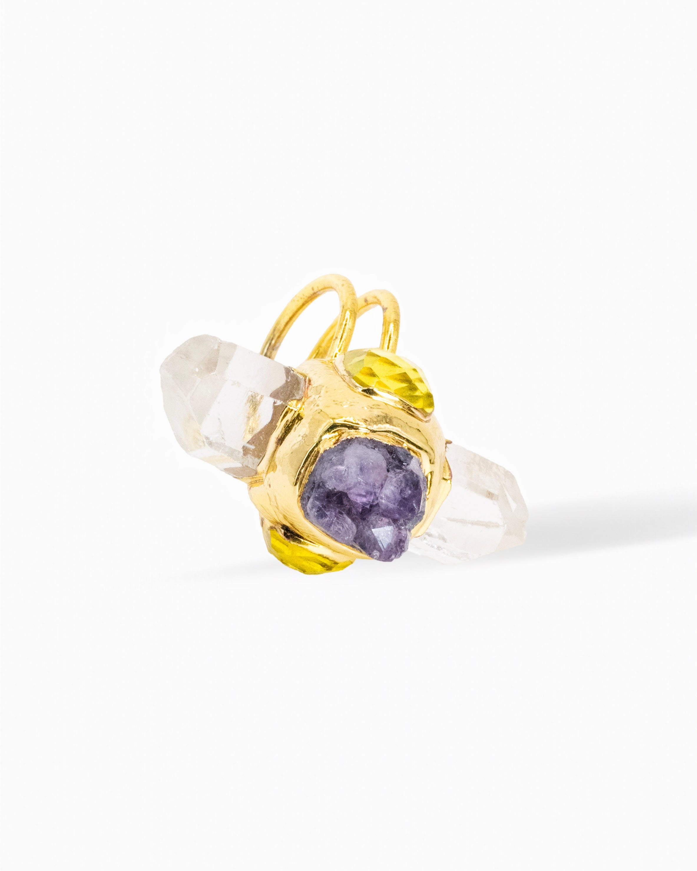 Divine Energy Amethyst & Quartz Ring – 18K Gold Plated