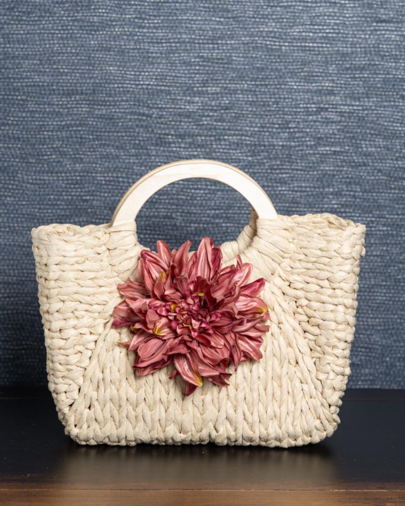 Natural Woven Tote with Handcrafted Dahlia Bloom