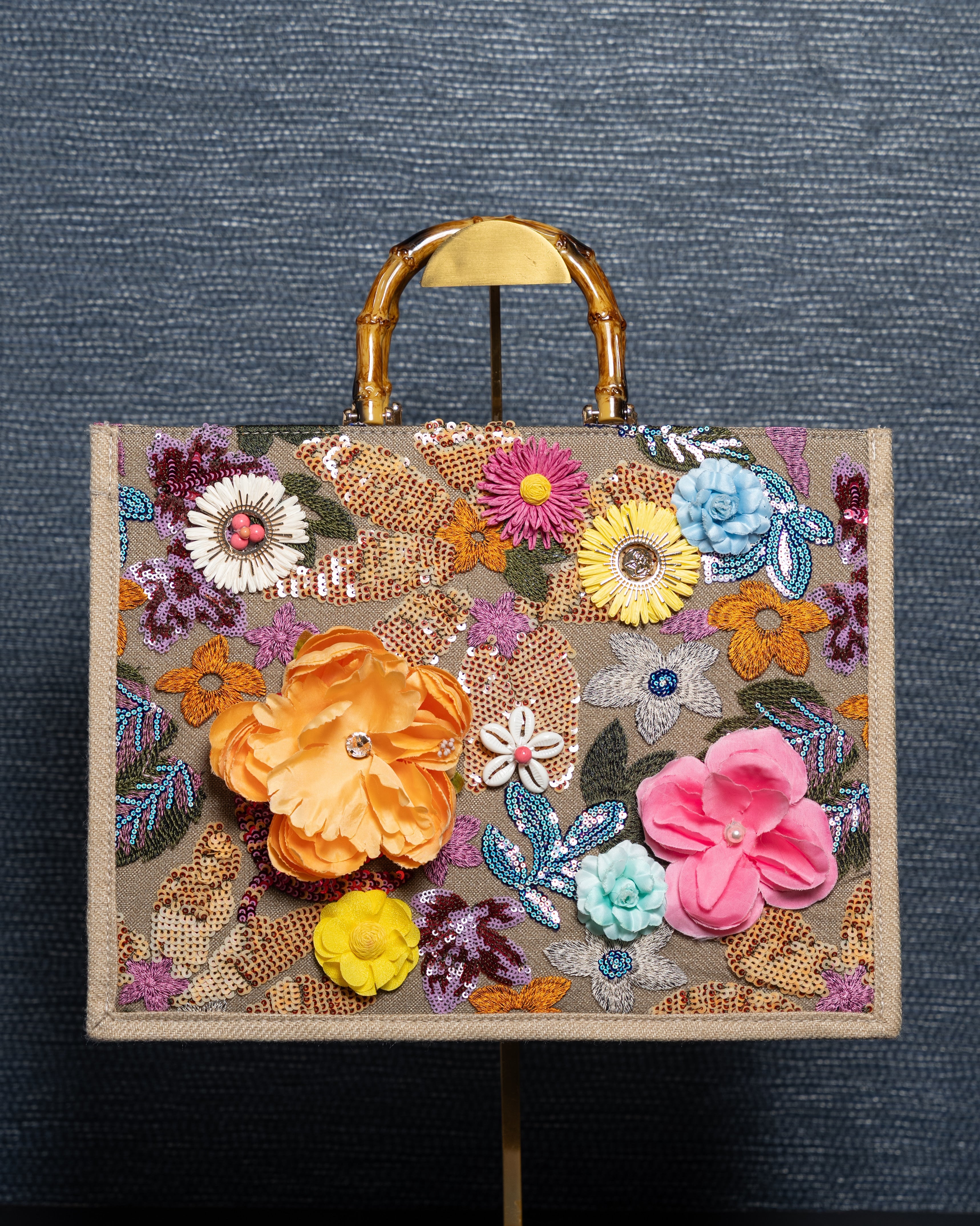 Statement Piece Square Bag with Floral Garden and Sequins