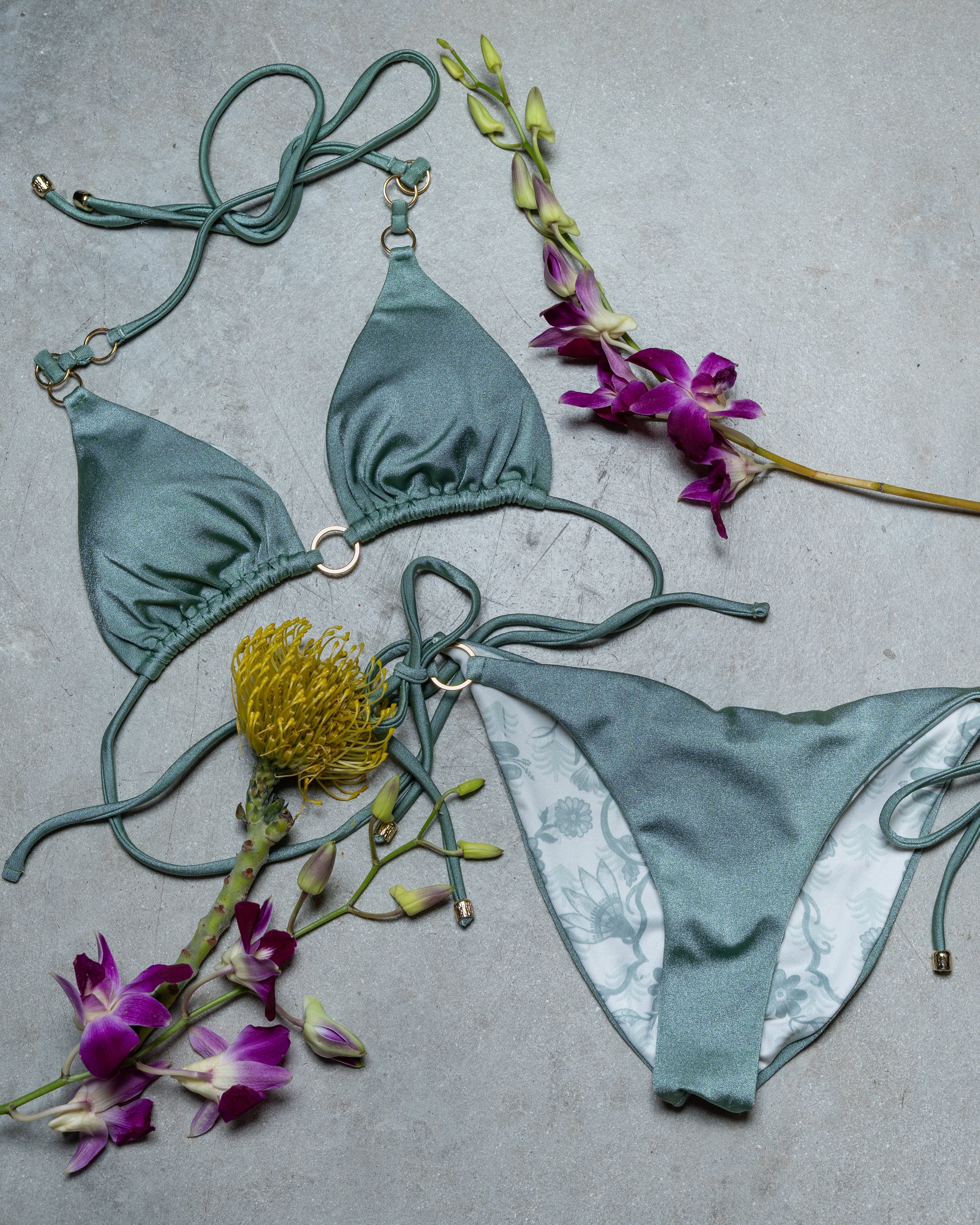 Sage Bloom Reversible Bikini with Gold Ring Detail