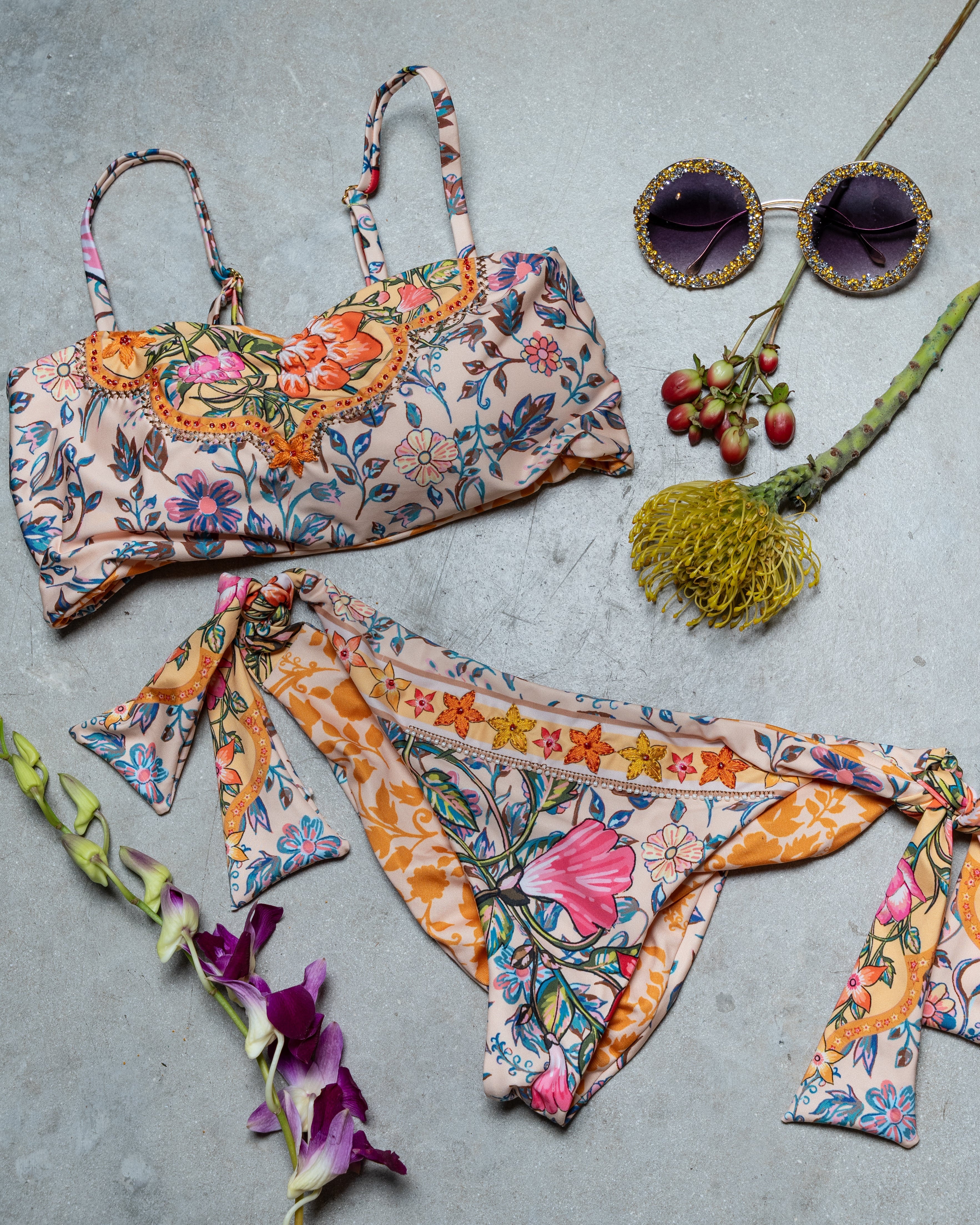 Tangerine Garden Bandeau Bikini with Side Tie