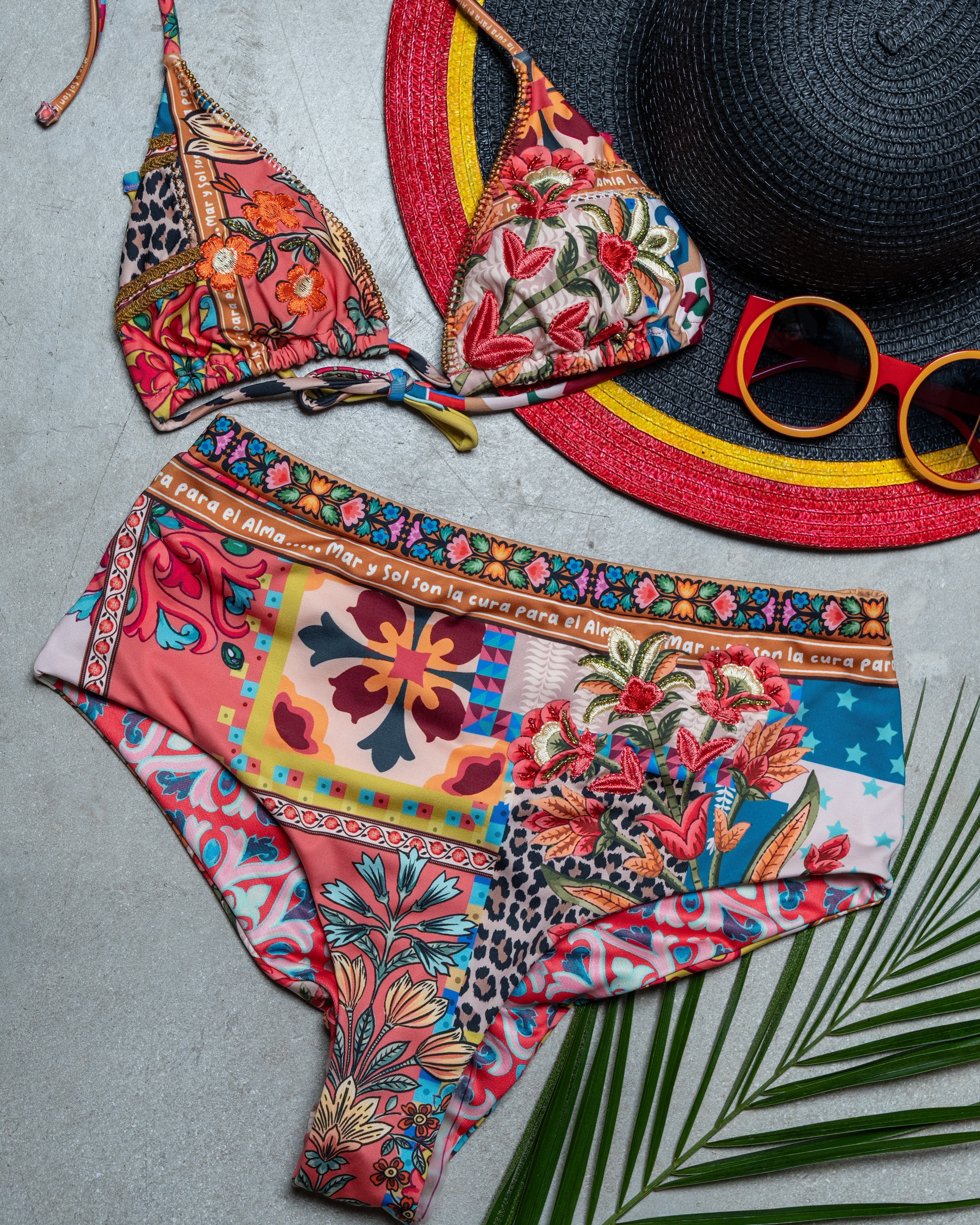 Boho Patchwork Bikini with Embroidered Detail & High-Waist Bottom