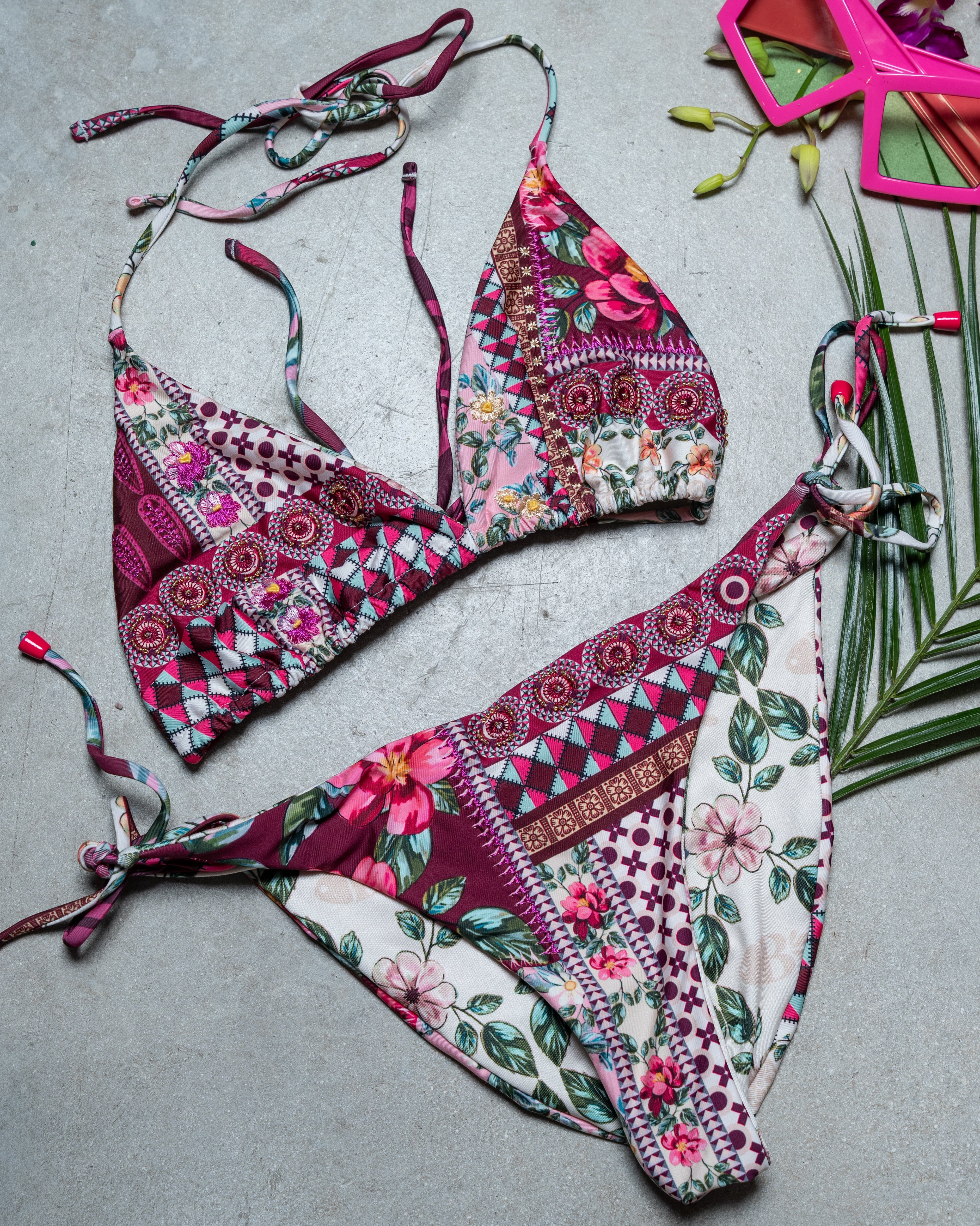 Burgundy Floral Patchwork Bikini with Boho Vibes