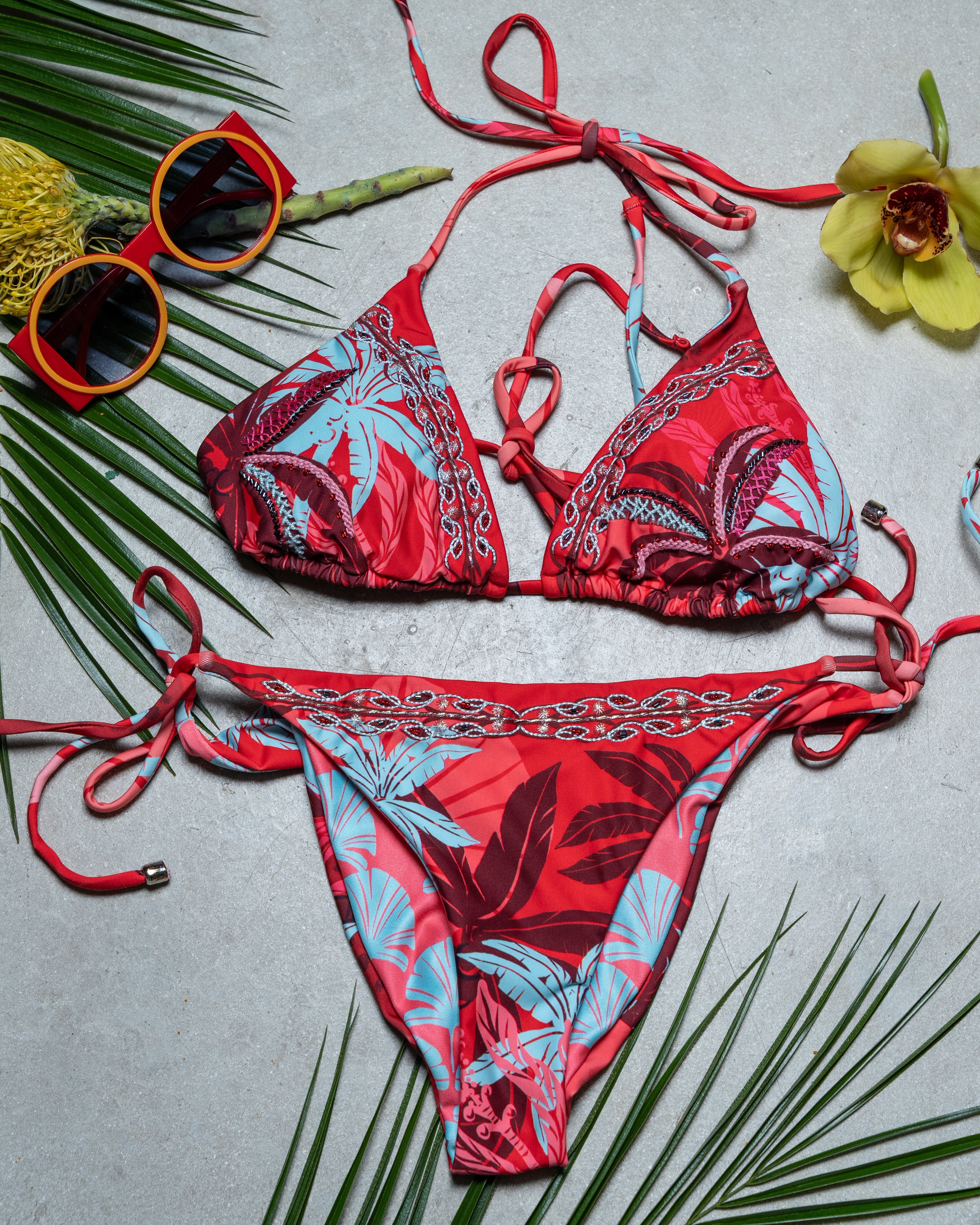 Tropical Red & Aqua Botanical Bikini Set