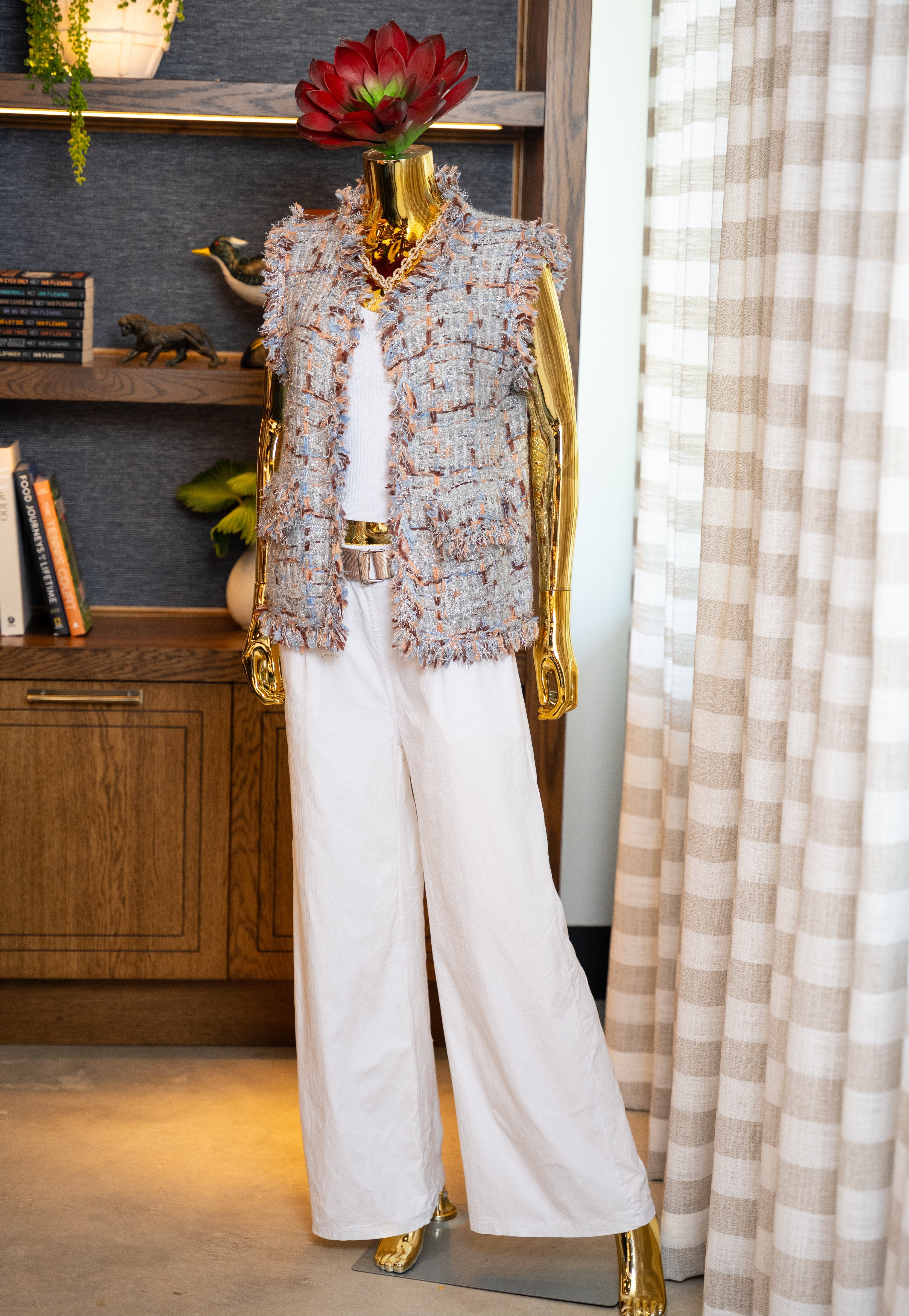 Fringe Detail Tweed Vest