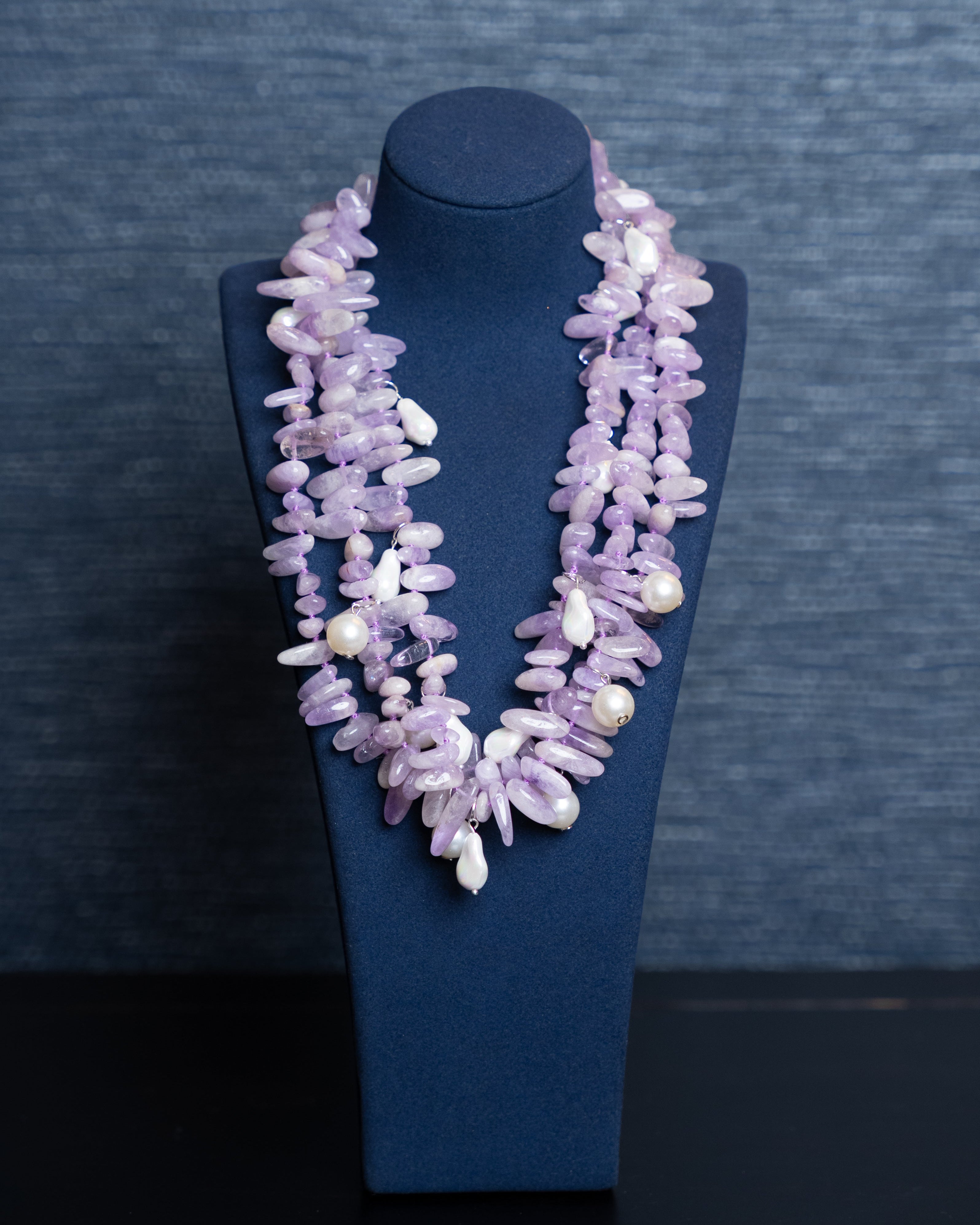 Lavender Bloom Three Stand Amethyst Pearl Statement Necklace