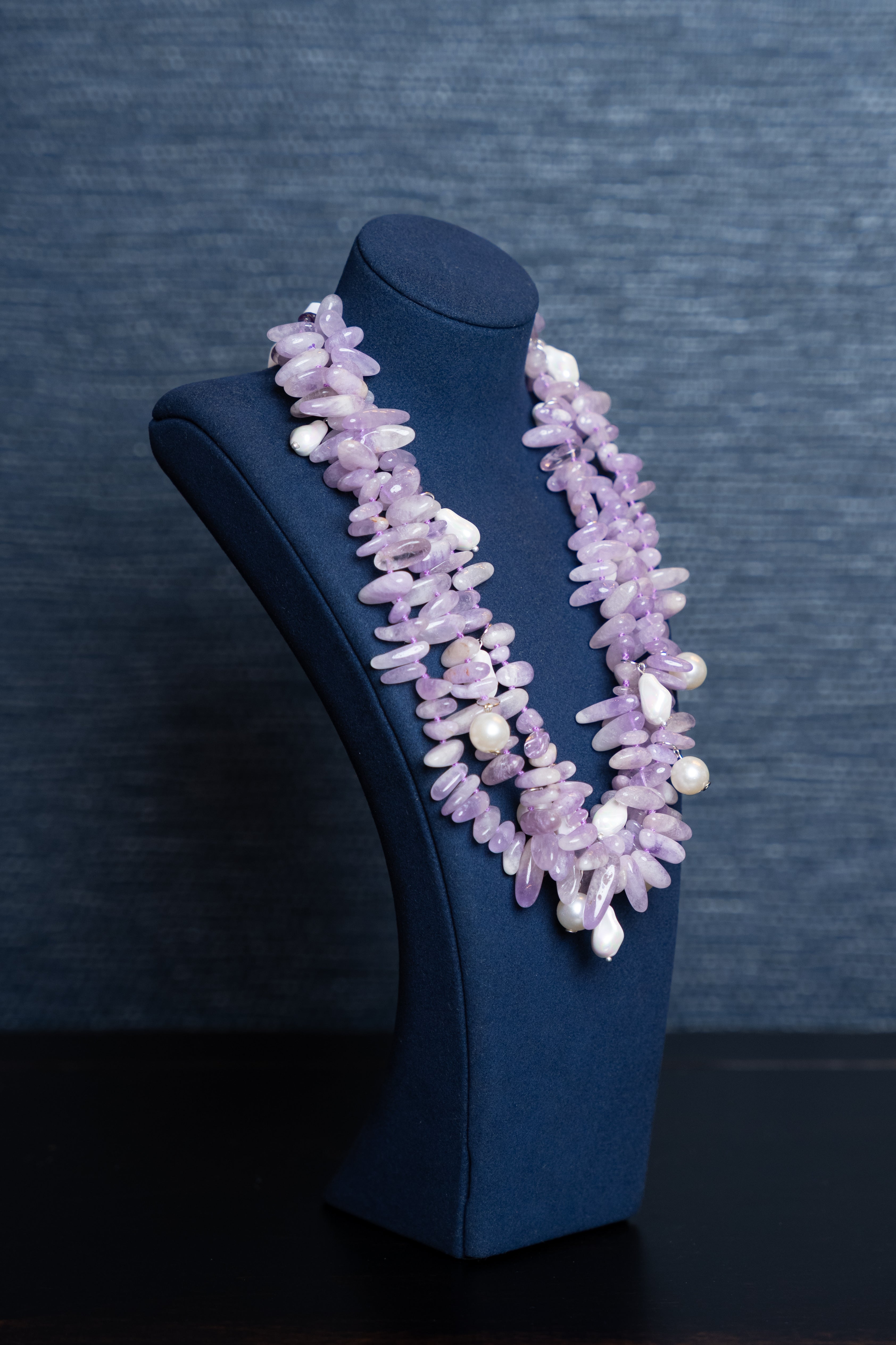 Lavender Bloom Three Stand Amethyst Pearl Statement Necklace