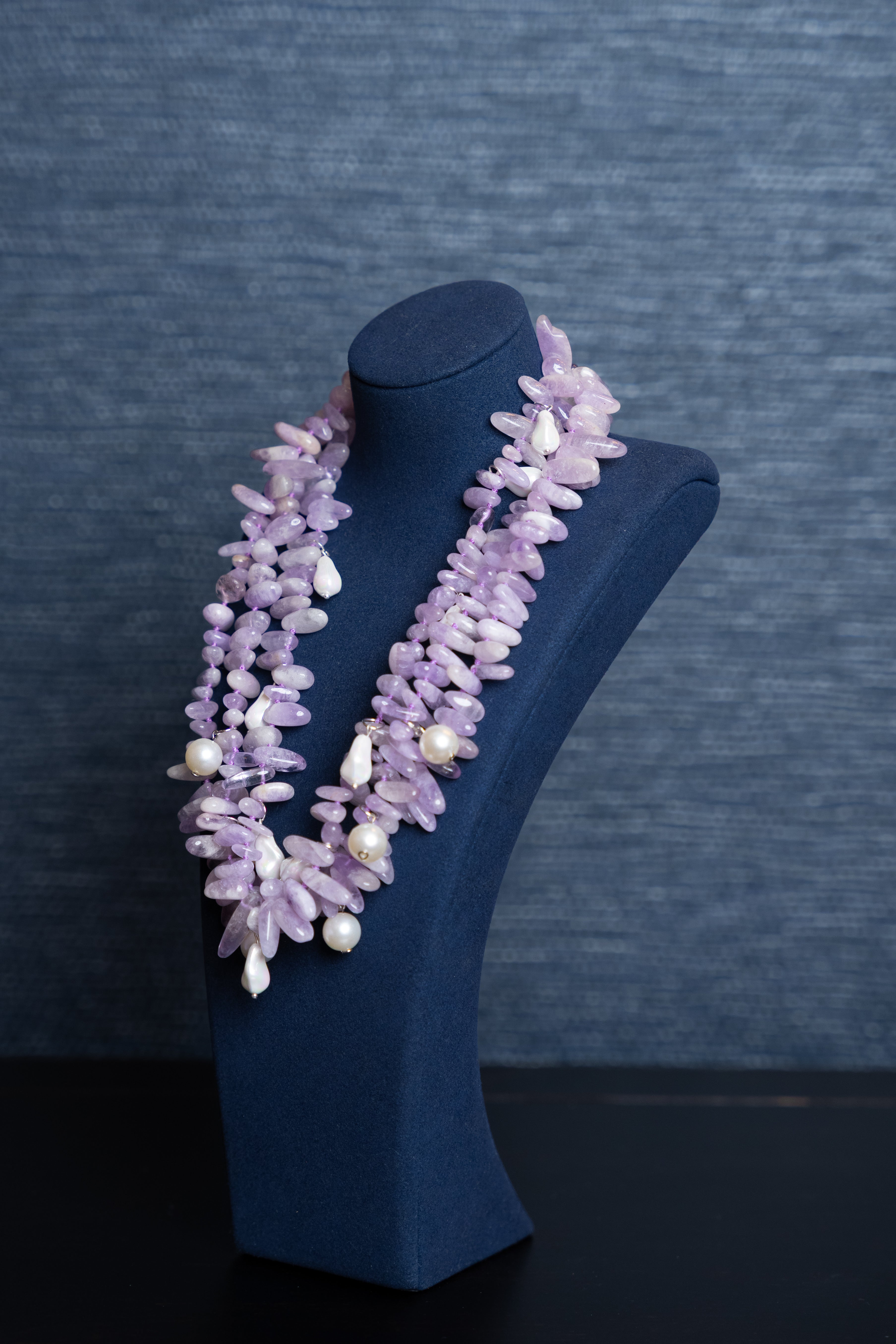 Lavender Bloom Three Stand Amethyst Pearl Statement Necklace