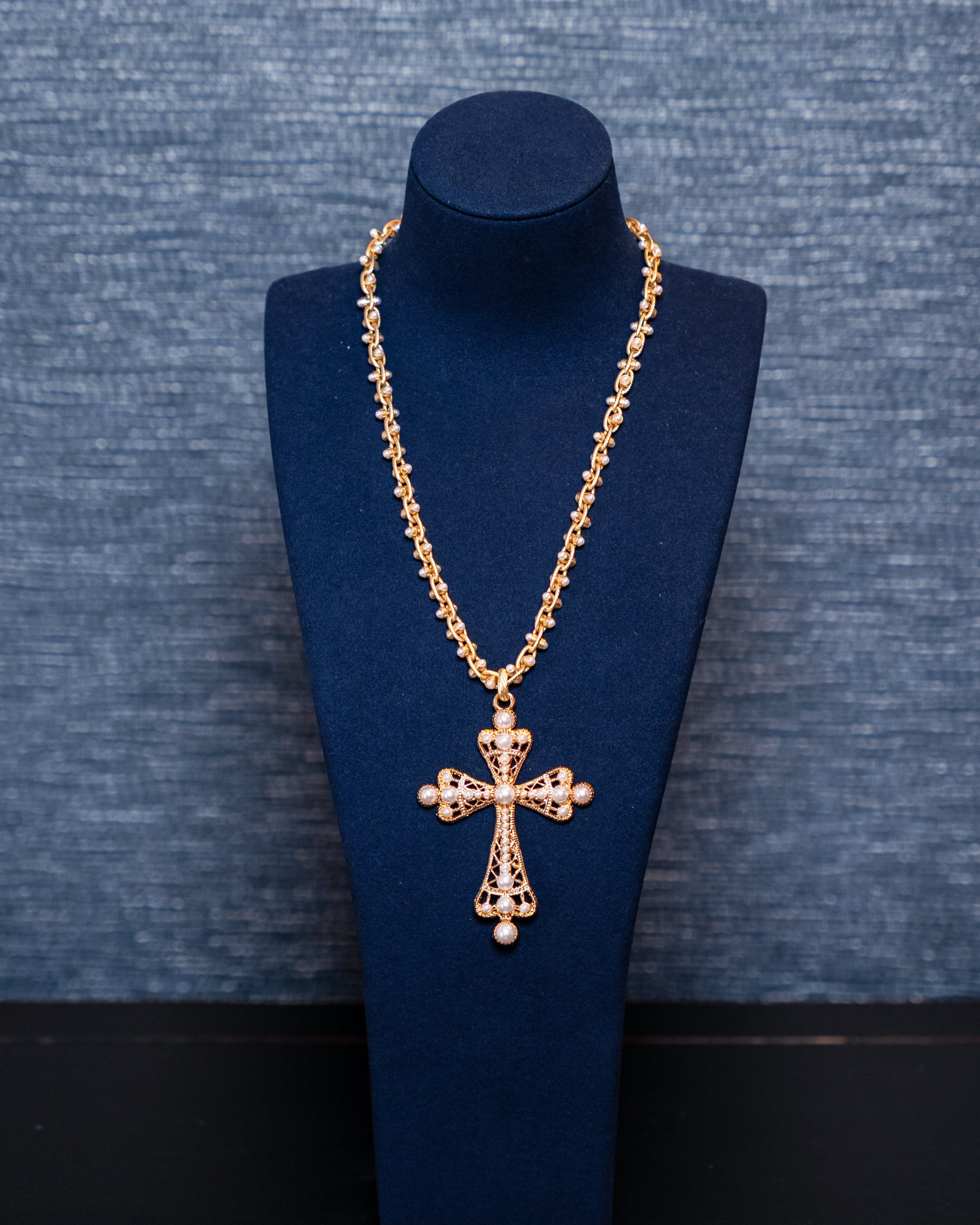 Baroque Gold Cross Pendant Necklace with Pearl Accents