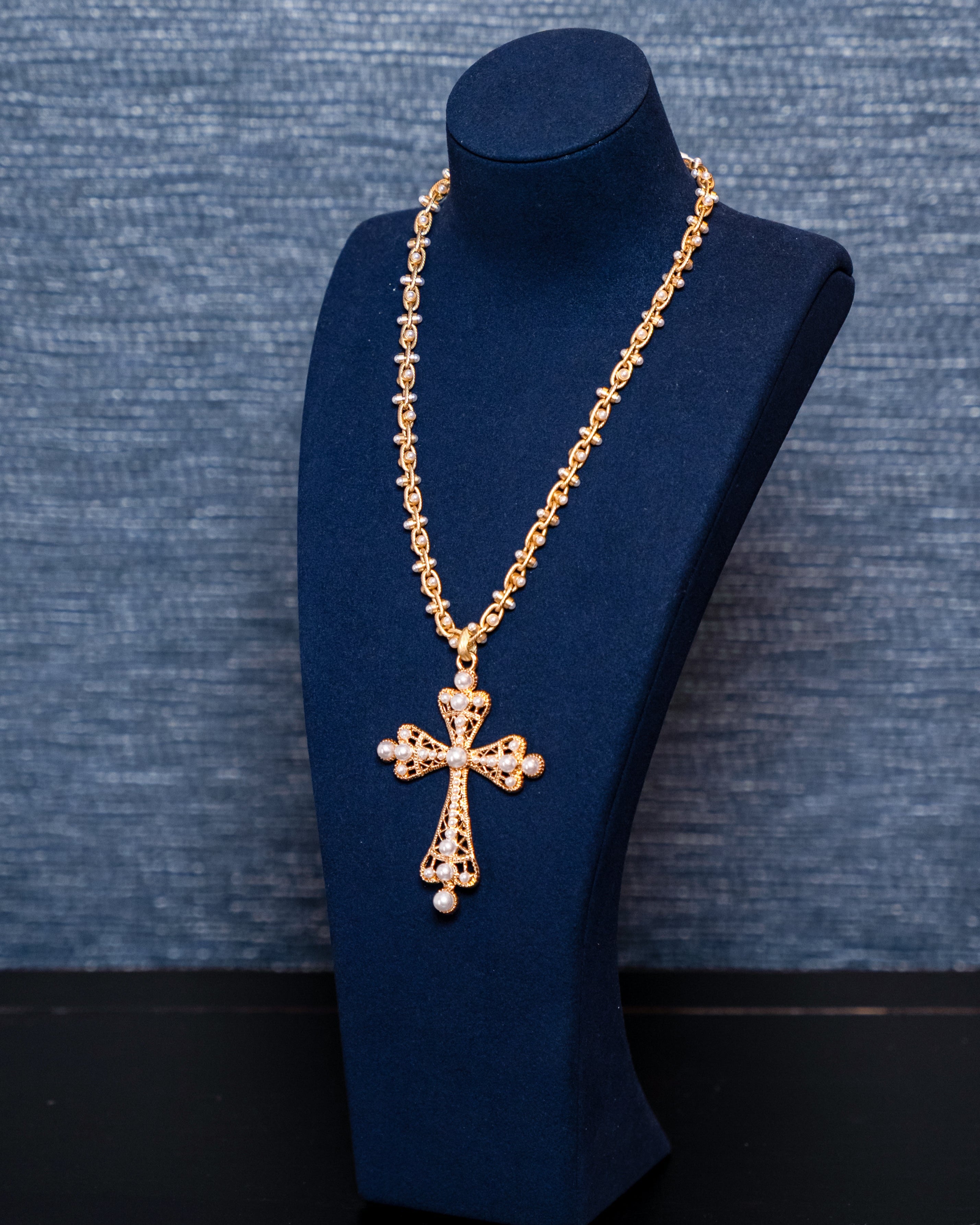 Baroque Gold Cross Pendant Necklace with Pearl Accents