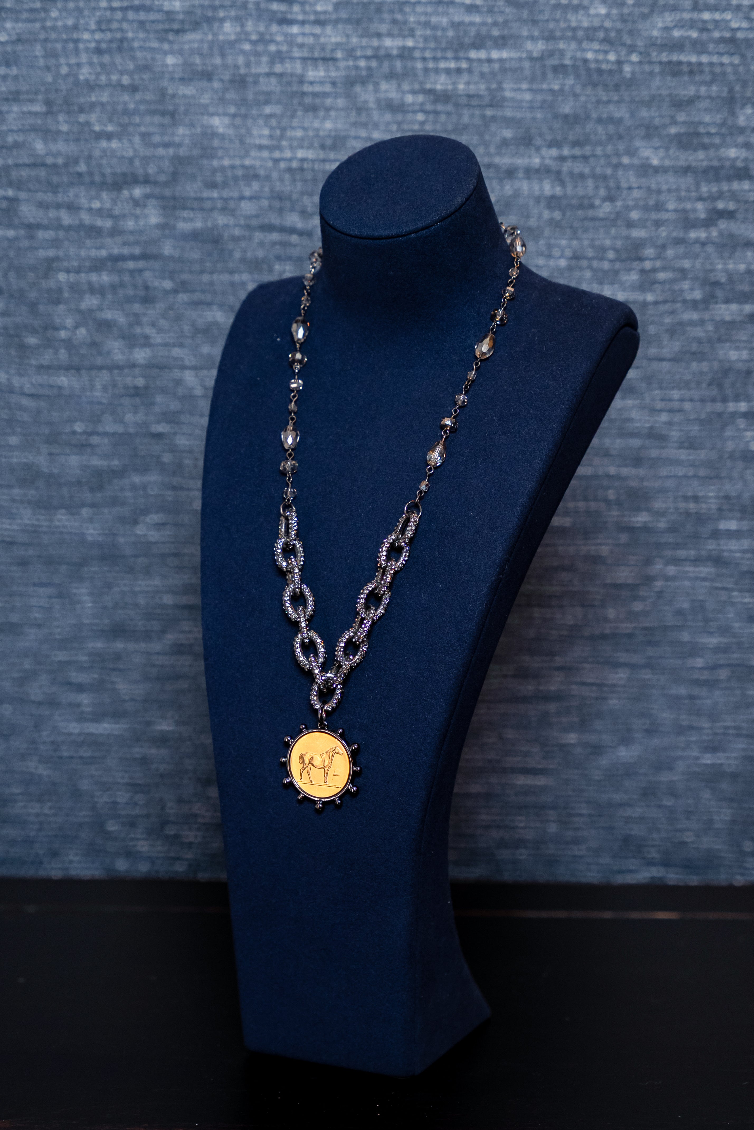 Horse Medallion on Dual-Chain Smoky Crystal Necklace