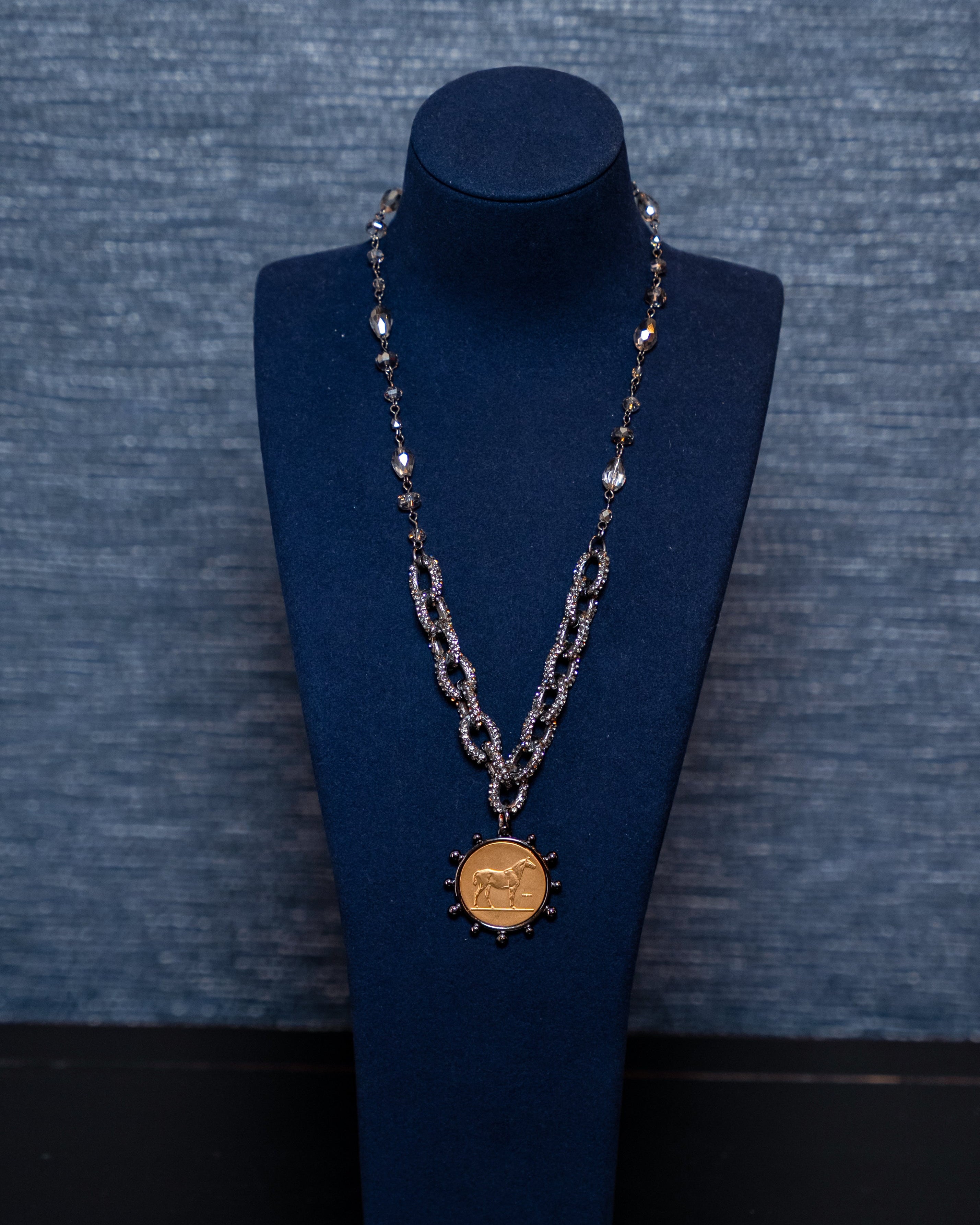 Horse Medallion on Dual-Chain Smoky Crystal Necklace