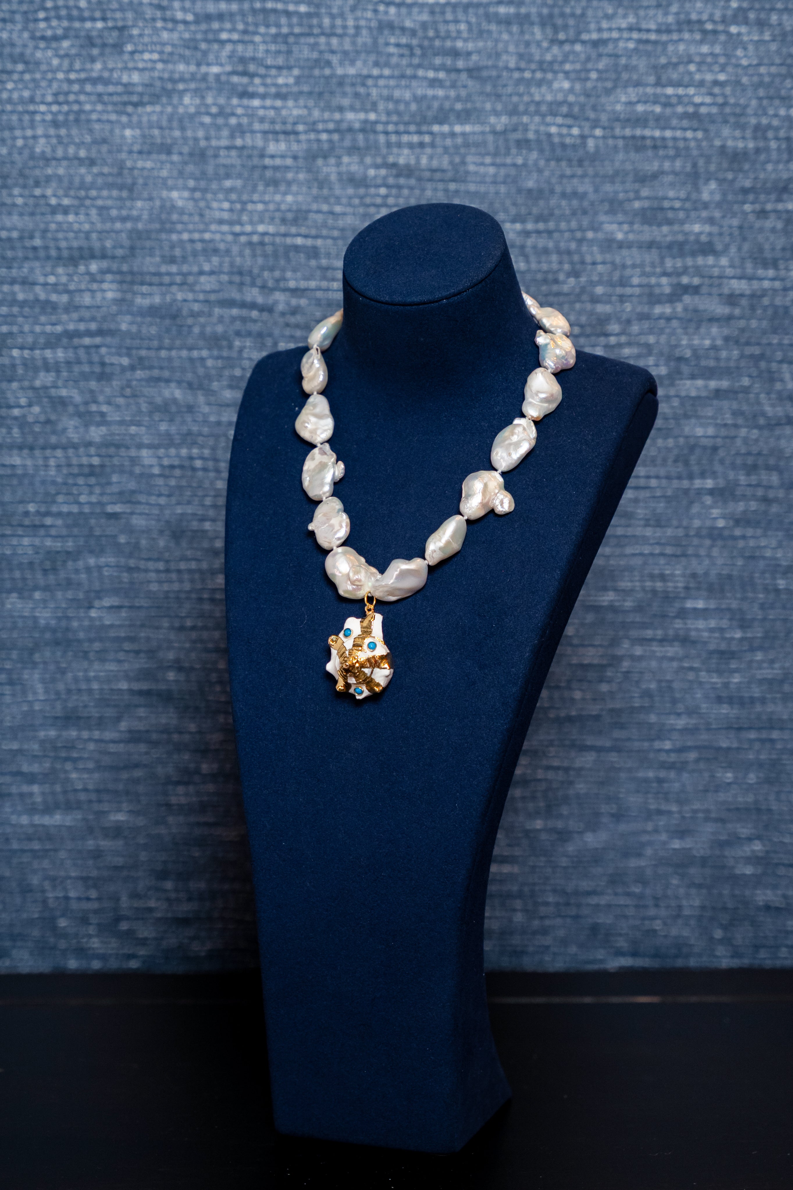 Baroque Pearl Necklace with Gilded Coral Charm