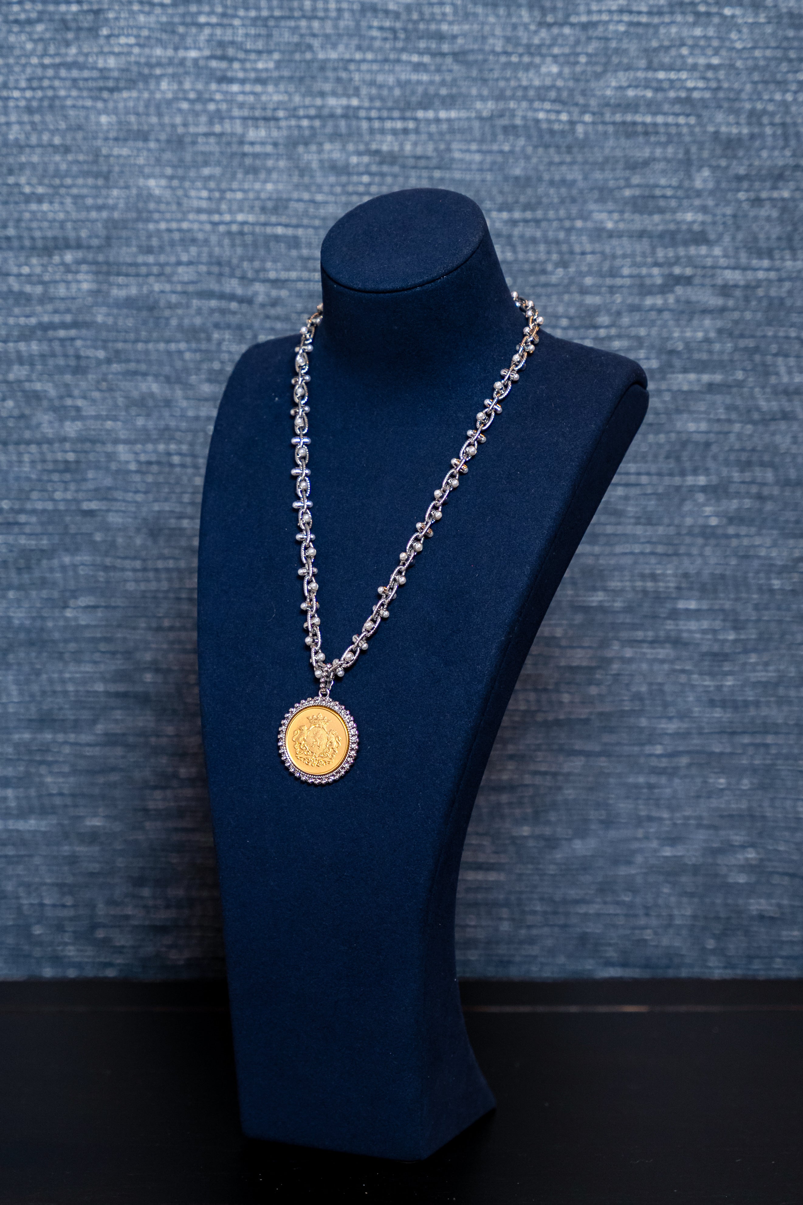 Crystal-Framed Gold Coin Medallion Necklace