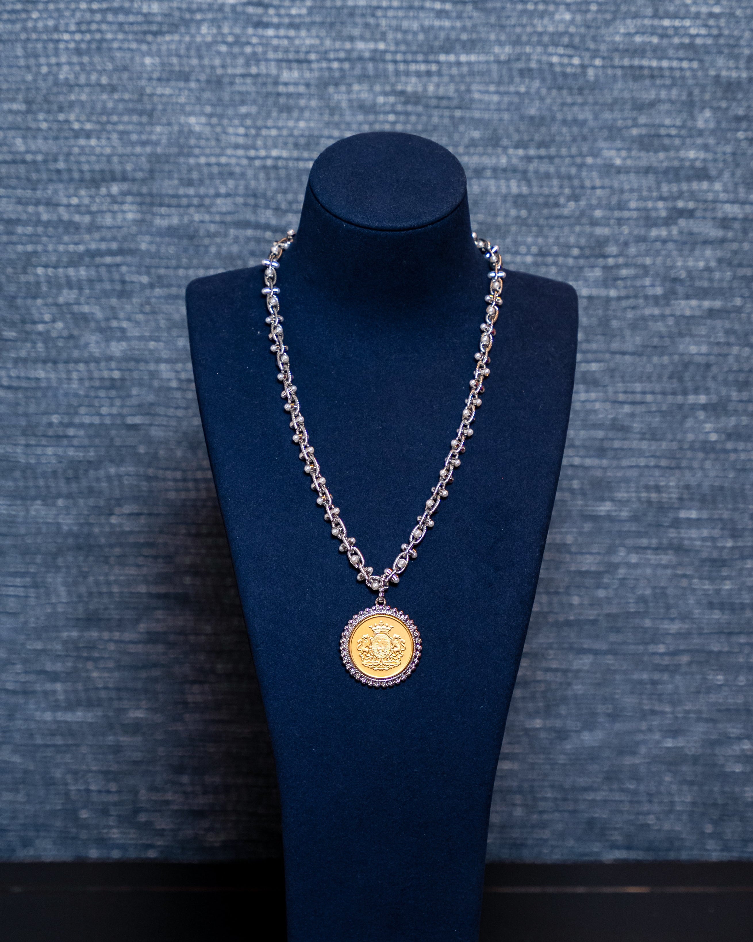 Crystal-Framed Gold Coin Medallion Necklace