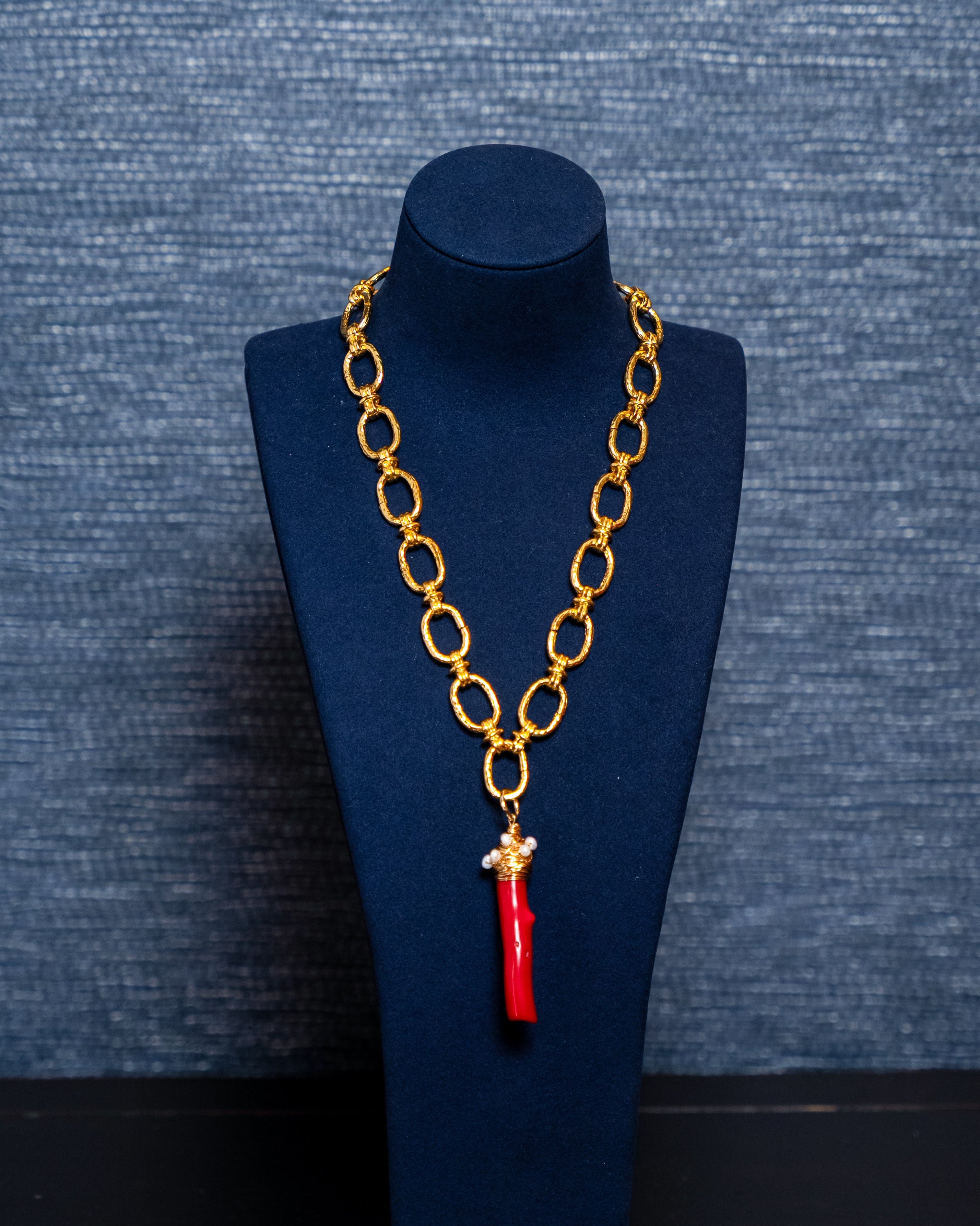 Golden Link Necklace with Italian Red Coral