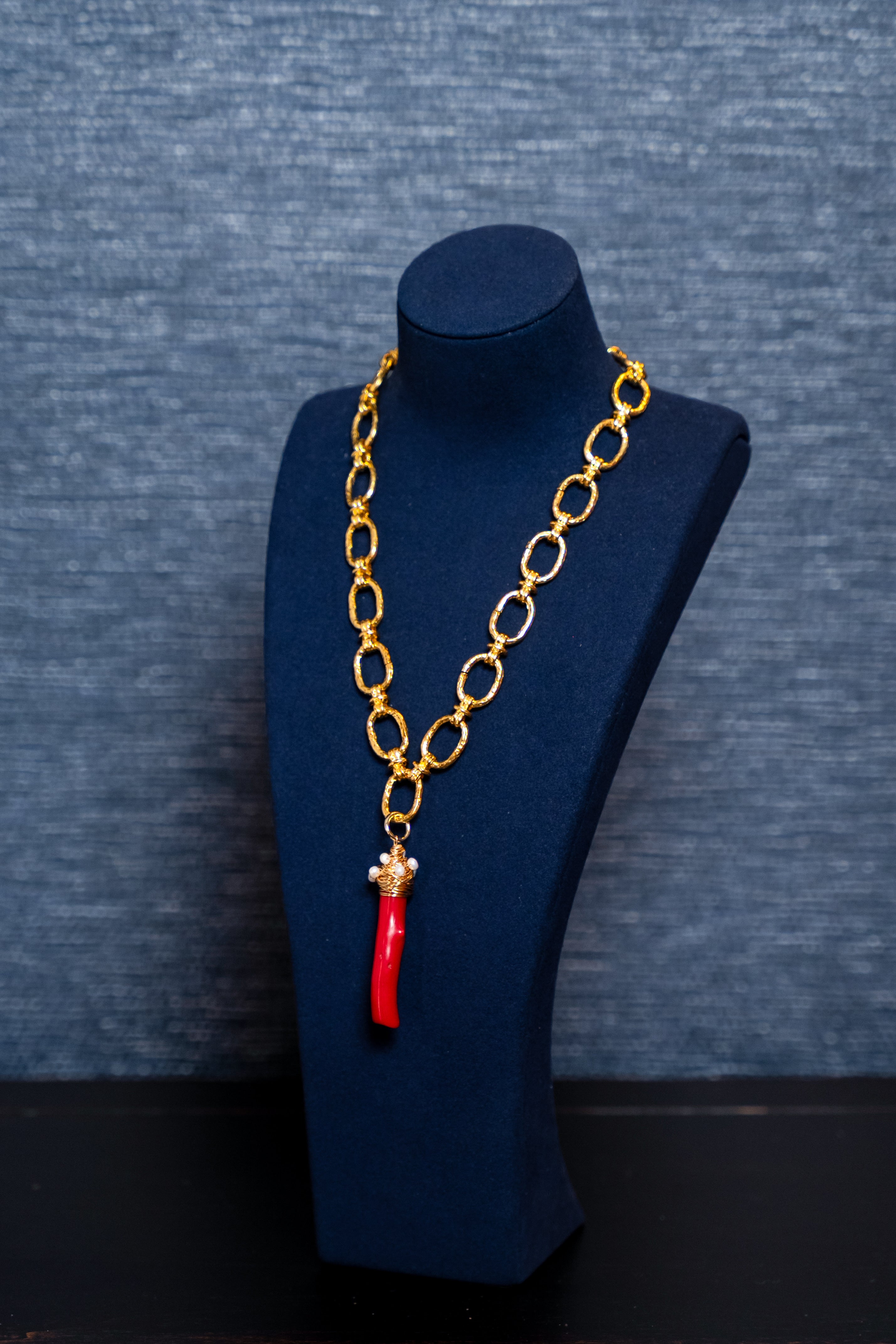 Golden Link Necklace with Italian Red Coral